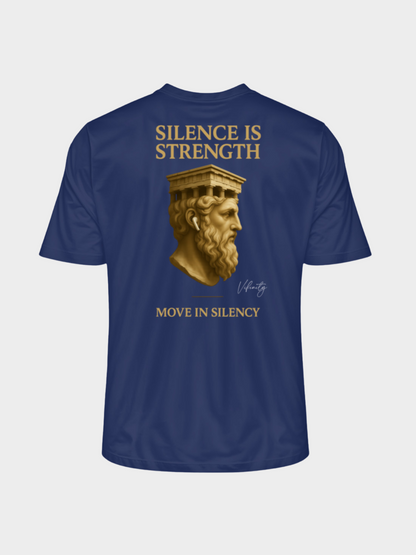 Vyfinity Pulse T-Shirt in French Navy mit großem Rückenprint „Silence is Strength – Move in Silence“ in Gold und antikem Kopfprofil