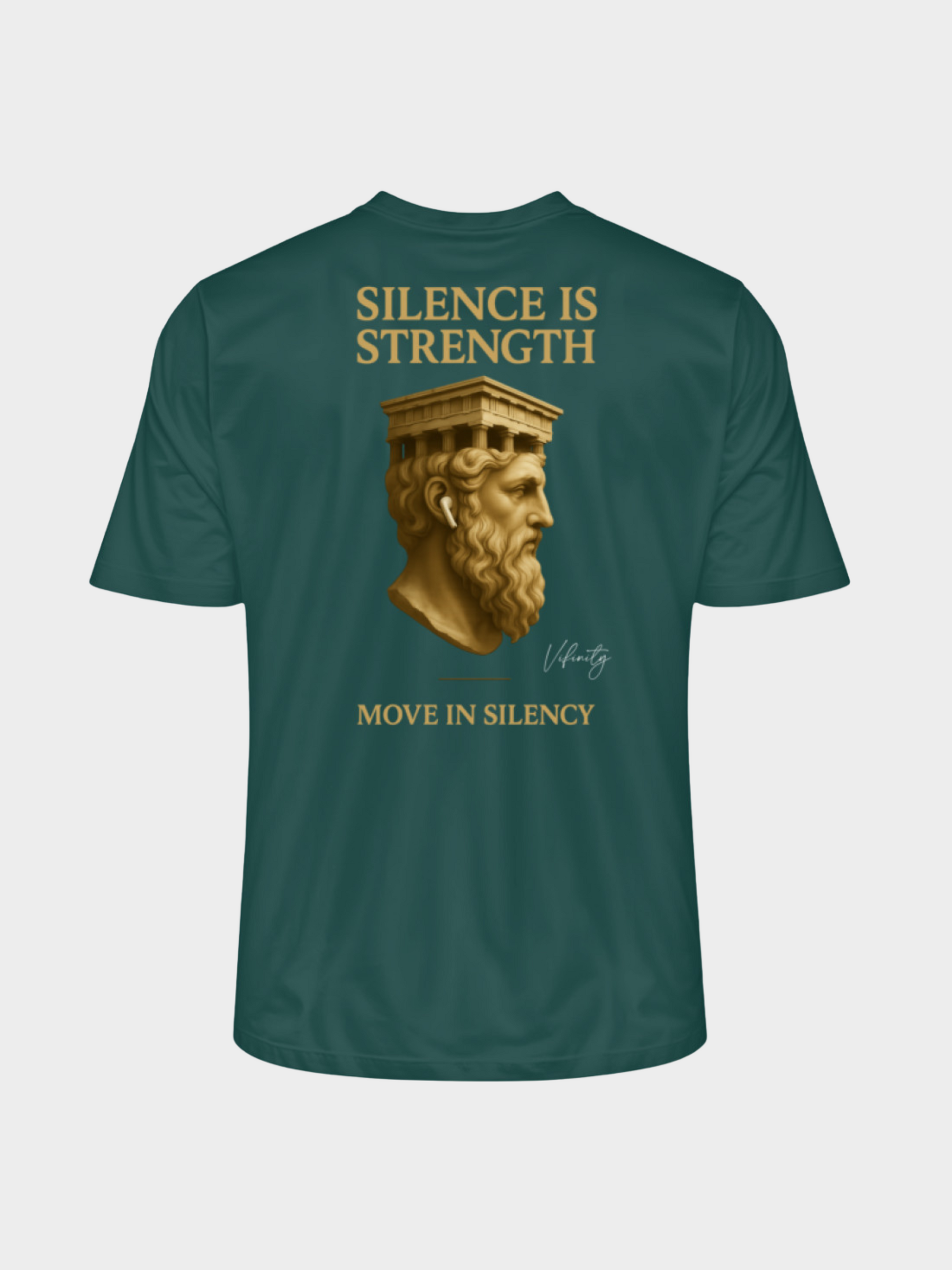 Vyfinity Pulse T-Shirt in Glazed Green mit großem Rückenprint „Silence is Strength – Move in Silence“ in Gold