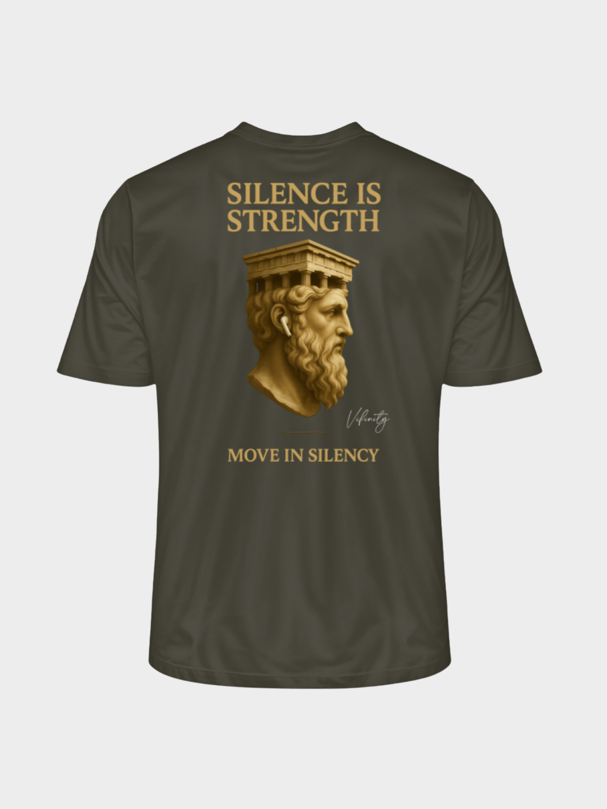 Vyfinity Pulse T-Shirt in Khaki mit großem Rückenprint „Silence is Strength – Move in Silence“ in Gold, antikes Büstenmotiv, edle Streetwear
