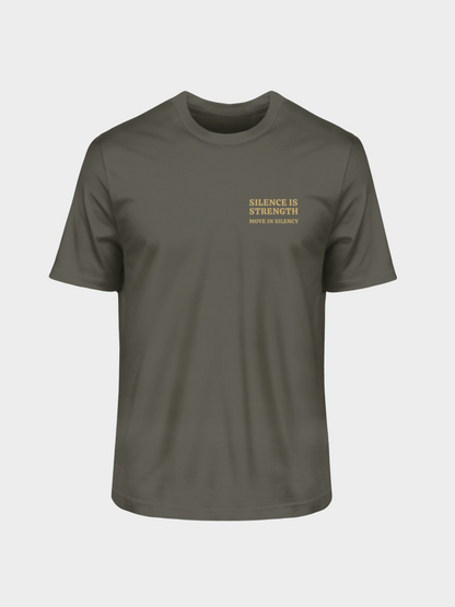 Vyfinity Pulse T-Shirt in Khaki mit kleinem Frontprint „Silence is Strength – Move in Silence“ in Gold, minimalistische Unisex Streetwear