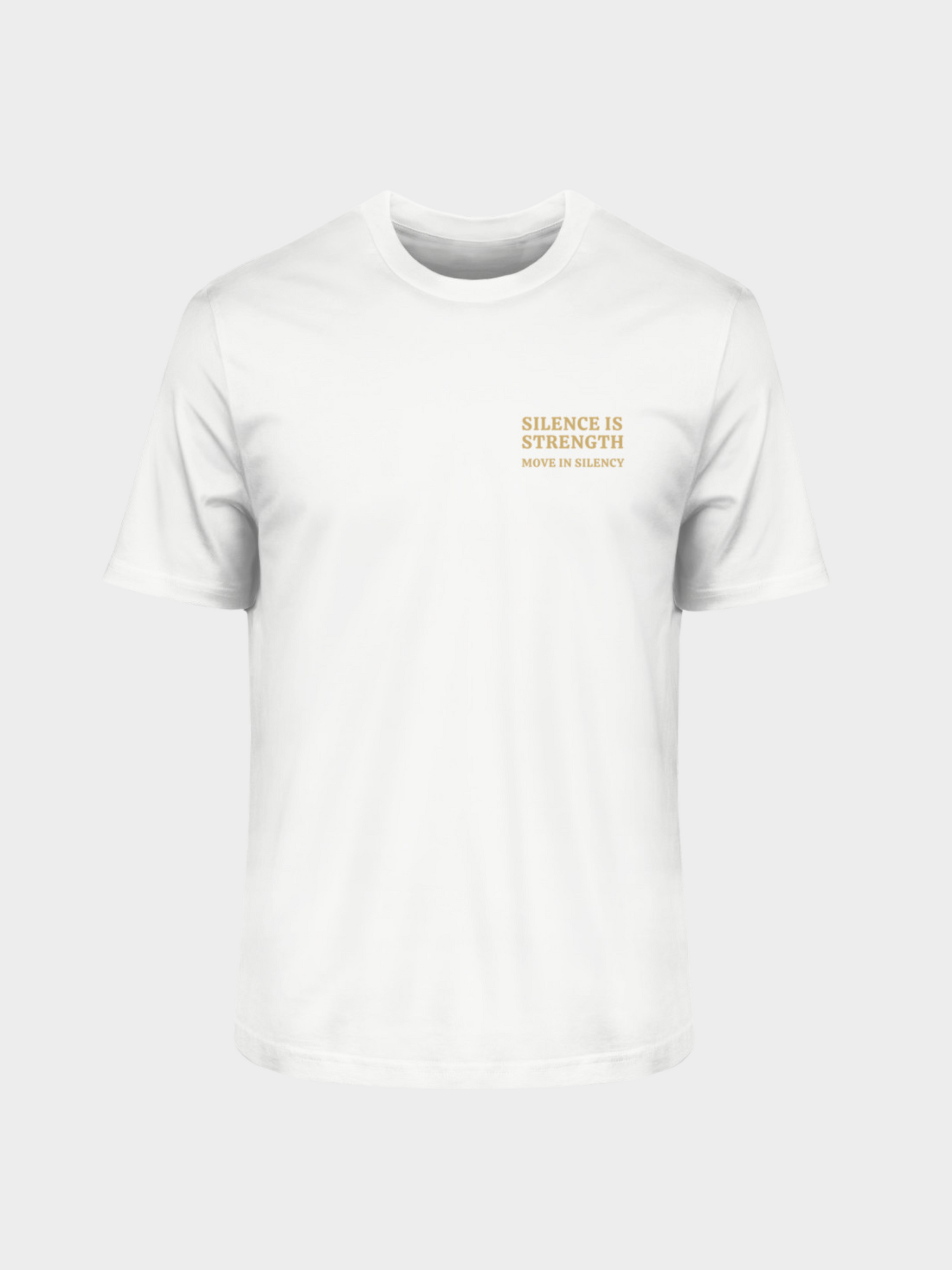 Vyfinity Pulse T-Shirt in Off White mit kleinem Frontprint „Silence is Strength – Move in Silence“ in Gold, elegante minimalistische Unisex Streetwear