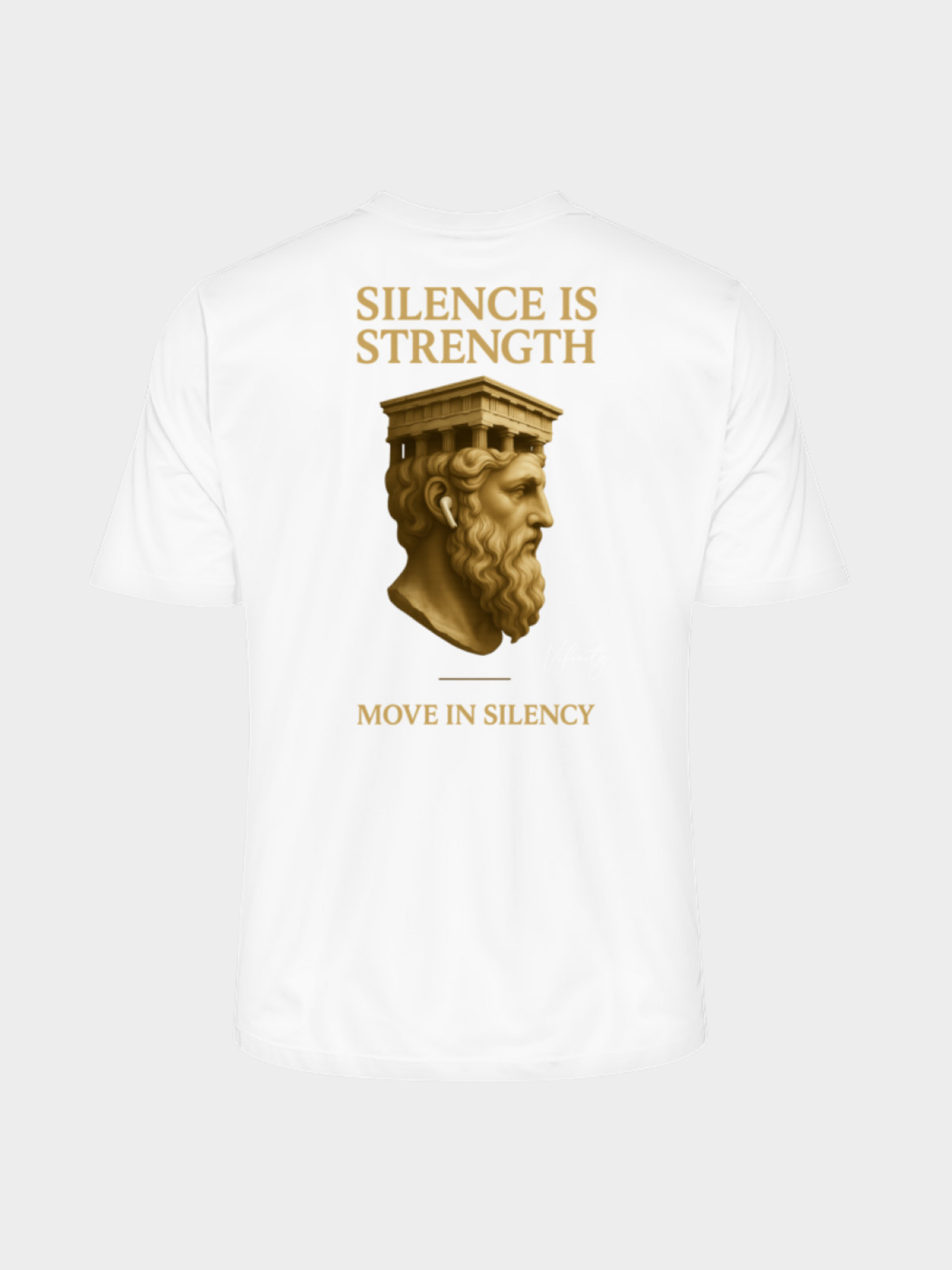 Vyfinity Pulse T-Shirt in Off White mit goldenem „Silence is Strength“ Rückenprint und antiker Büste