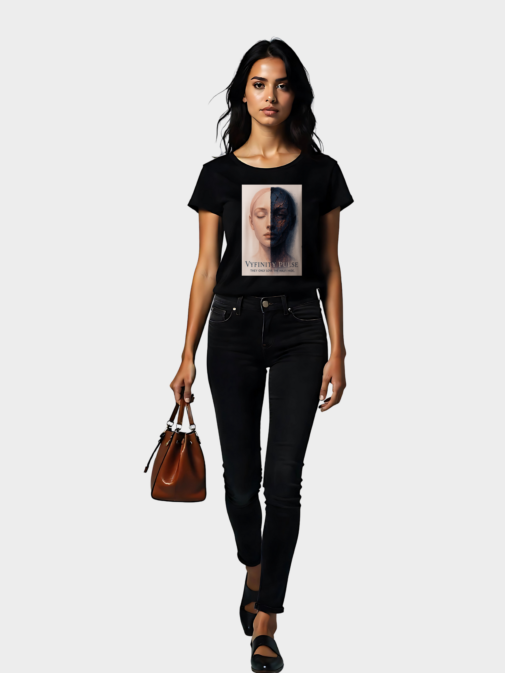 Vyfinity Pulse T-Shirt in Schwarz, Frontansicht. Modell mit bedrucktem Grafikmotiv „Half Face“ und Vyfinity Pulse Schriftzug. Modern kombiniert mit schwarzer Jeans, schwarzen Schuhen und brauner Handtasche.