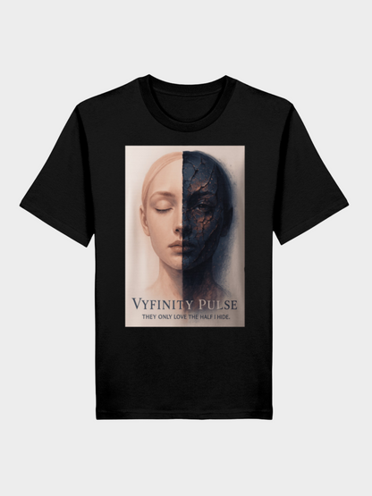 Vyfinity Pulse T-Shirt in Schwarz, Frontansicht. Aufdruck mit Half-Face-Artwork: eine Frau mit geteilter Gesichtshälfte, halb rein, halb zerfallen. Darunter der Schriftzug „Vyfinity Pulse – They only love the half I hide“. Tiefgründiges Design in moderner Streetwear-Optik.