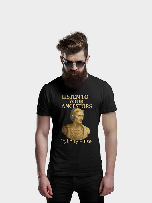 Vyfinity Pulse T-Shirt in Schwarz mit goldener Statue und Aufschrift „Listen to Your Ancestors“ im antiken Stil