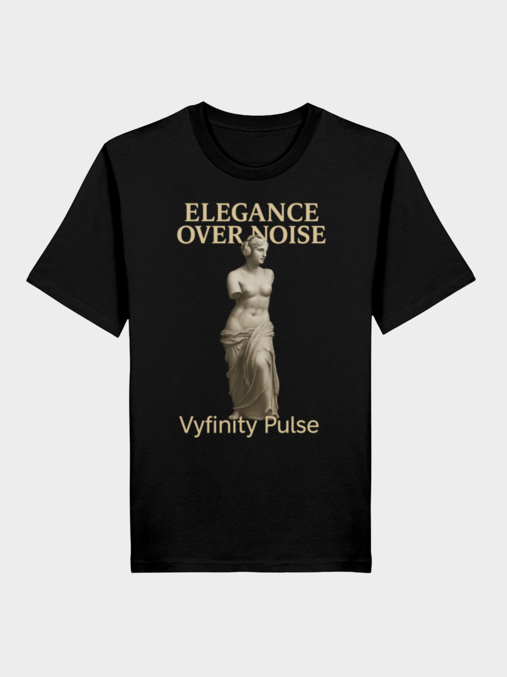Vyfinity Pulse T-Shirt Elegance Over Noise in Schwarz mit goldener Statue und Schriftzug