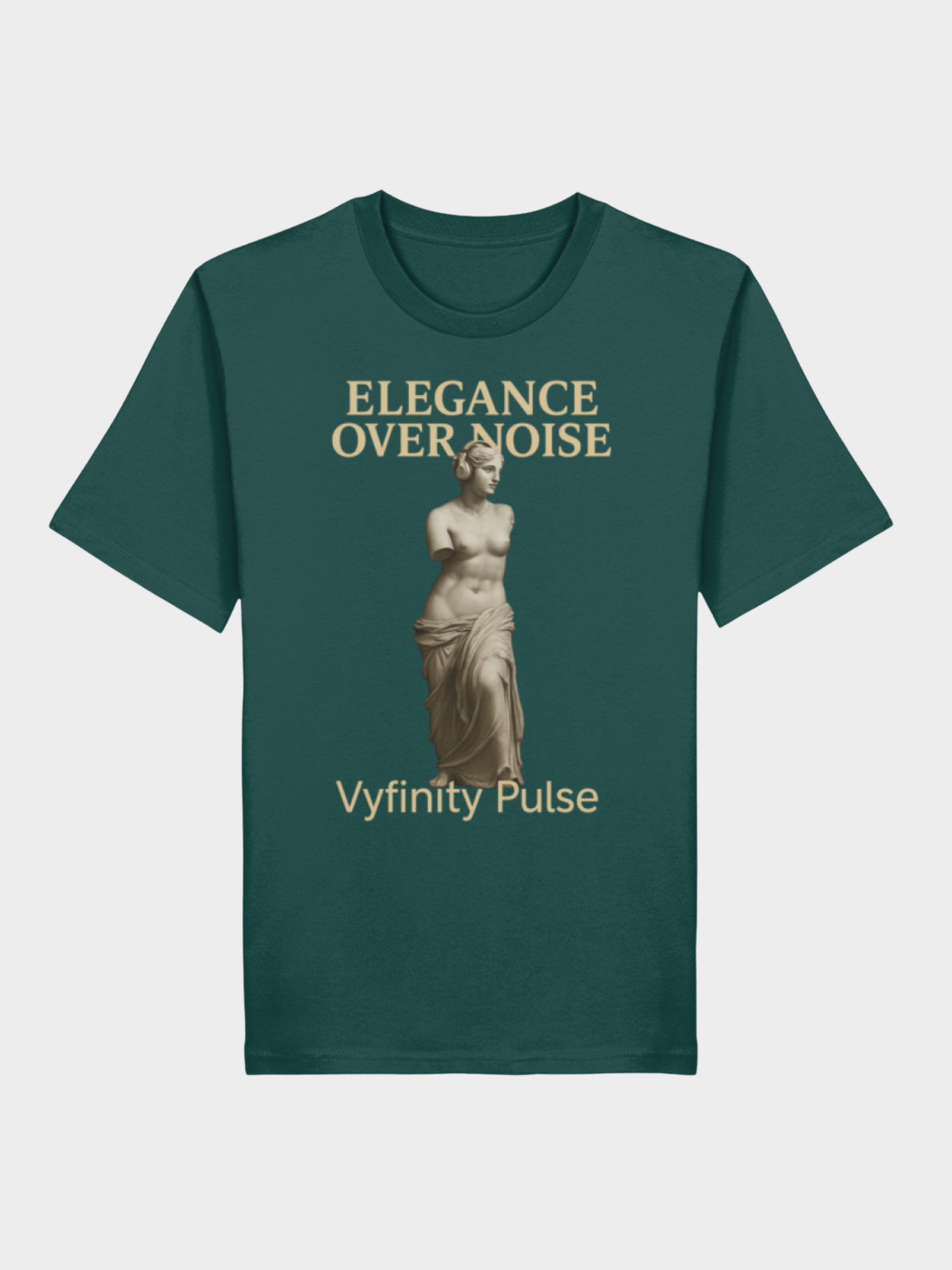 Vyfinity Pulse T-Shirt Elegance Over Noise in Dunkelgrün mit goldener Statue und Schriftzug