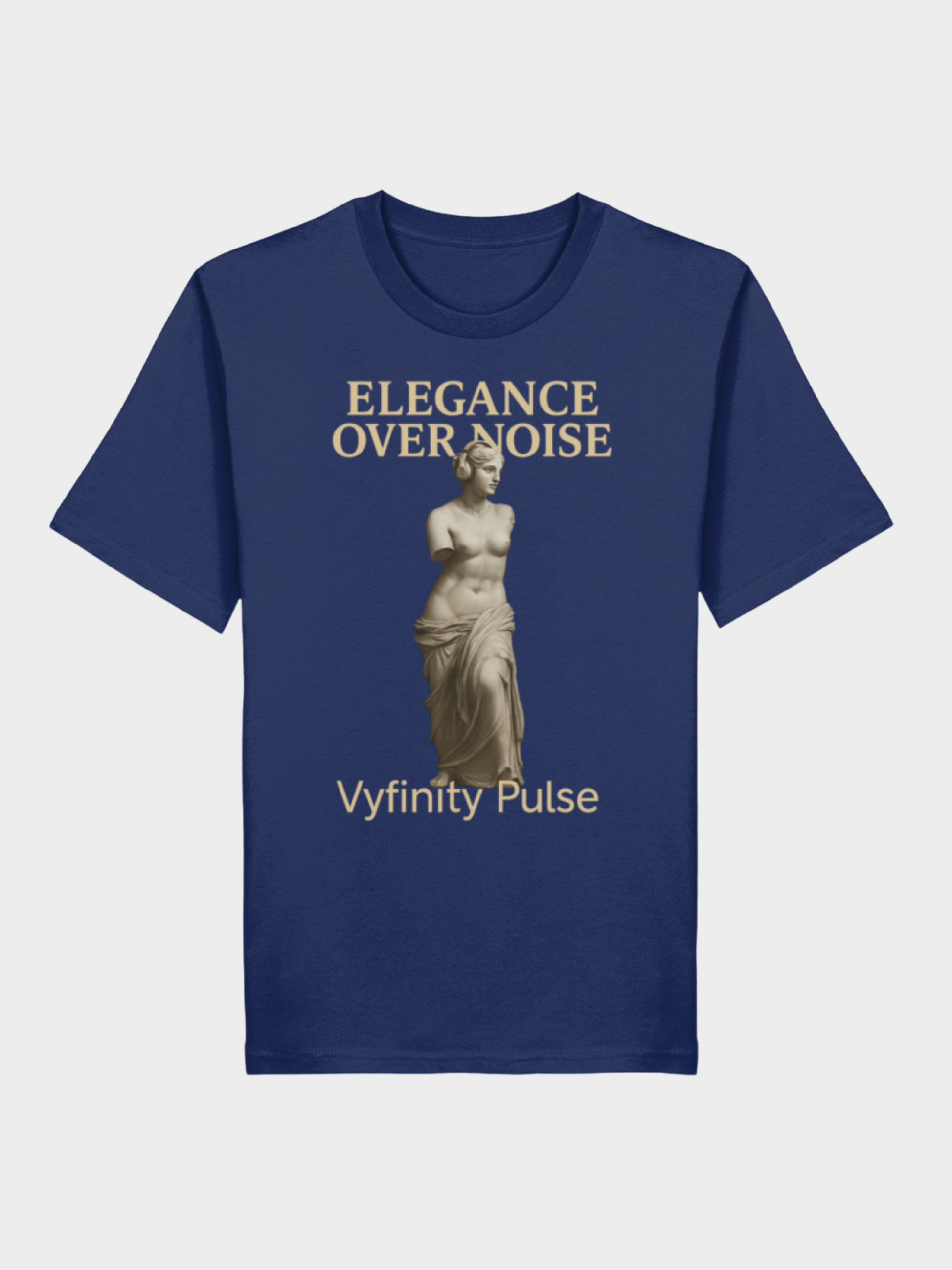 Vyfinity Pulse T-Shirt Elegance Over Noise in Navy Blau mit goldener Statue und Schriftzug