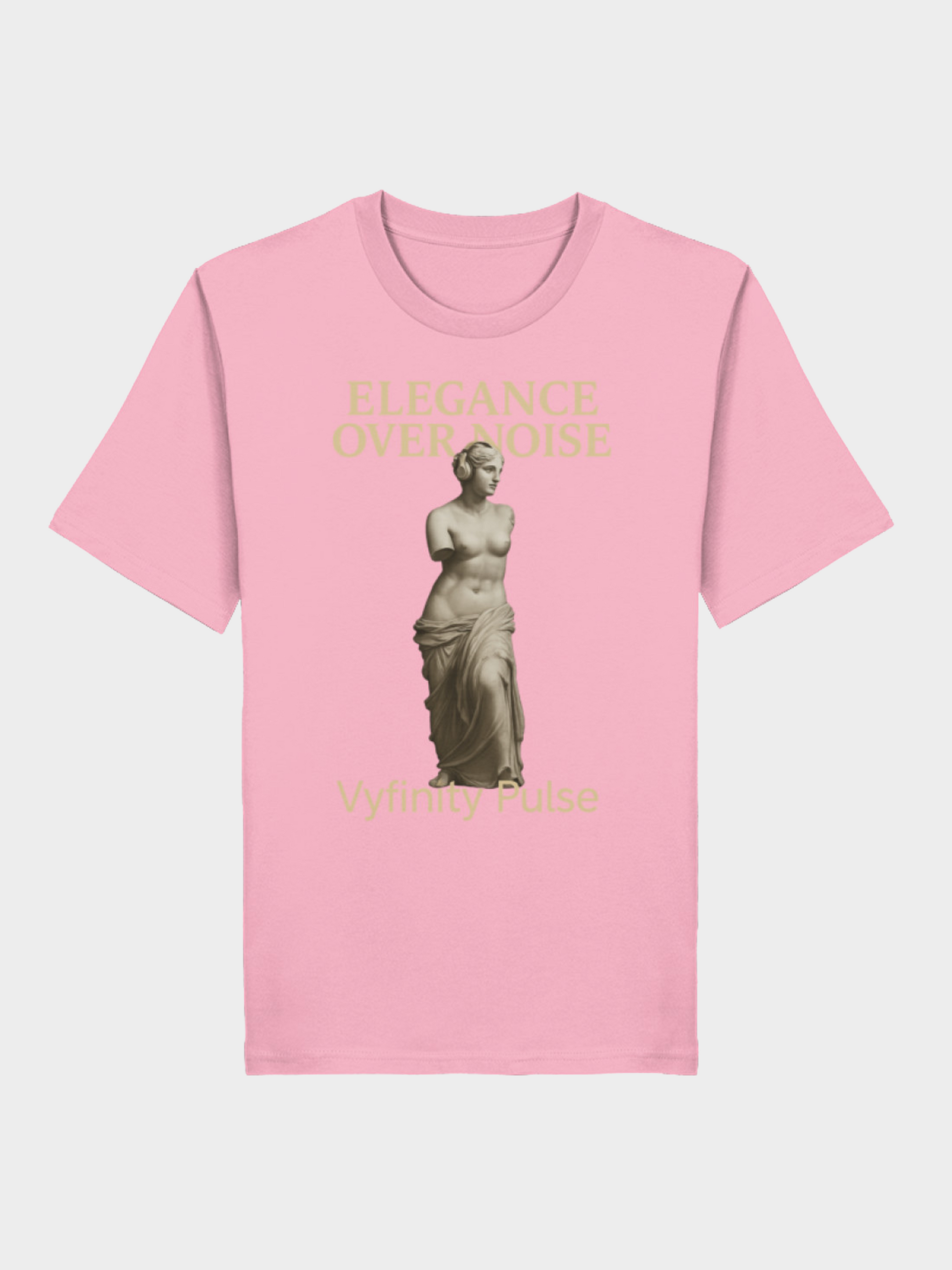 Vyfinity Pulse T-Shirt Elegance Over Noise in Rosa mit goldener Statue und Schriftzug