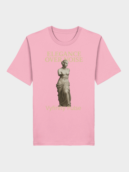 Vyfinity Pulse T-Shirt Elegance Over Noise in Rosa mit goldener Statue und Schriftzug