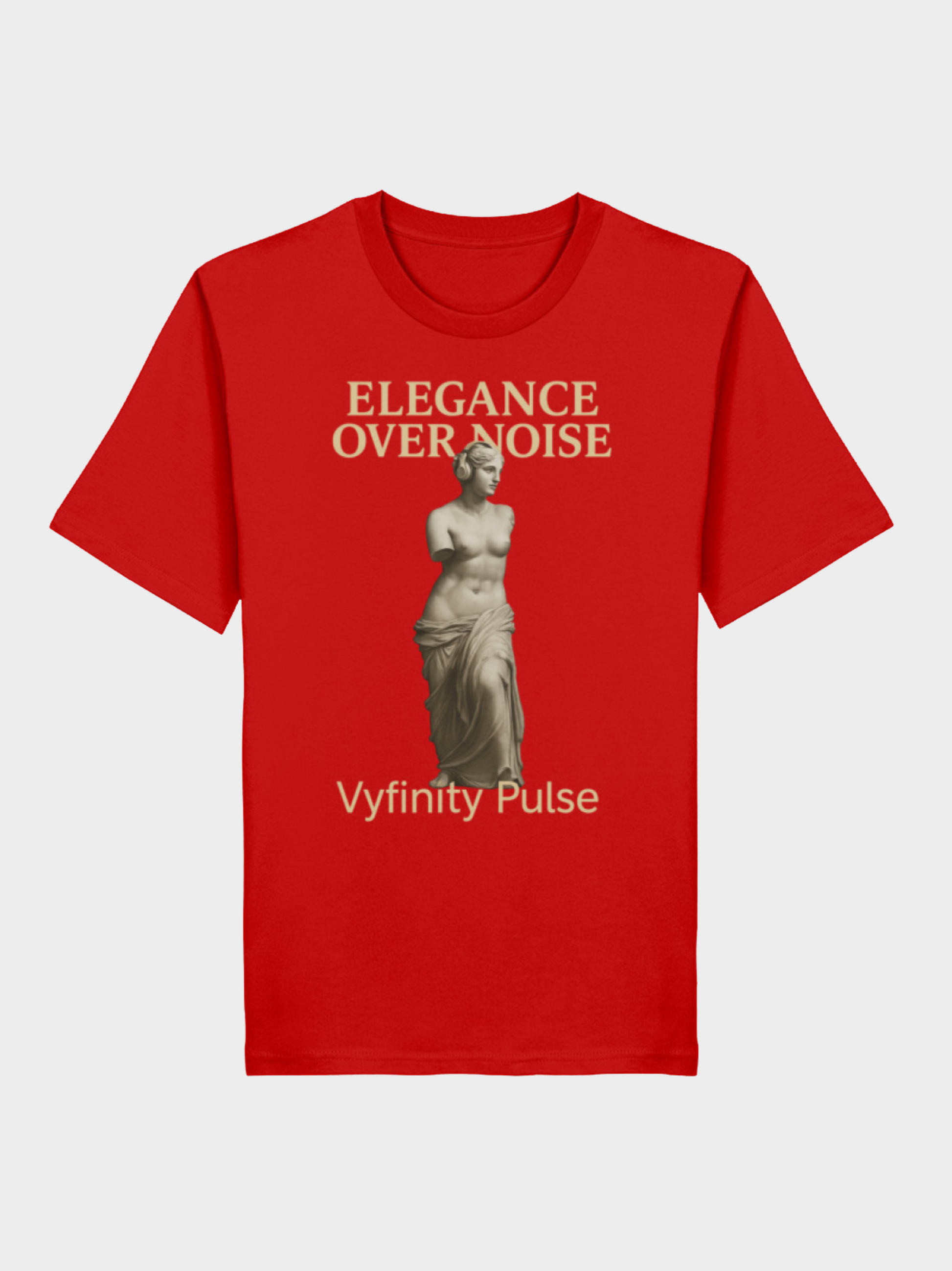 Vyfinity Pulse T-Shirt Elegance Over Noise in Rot mit goldener Statue und Schriftzug