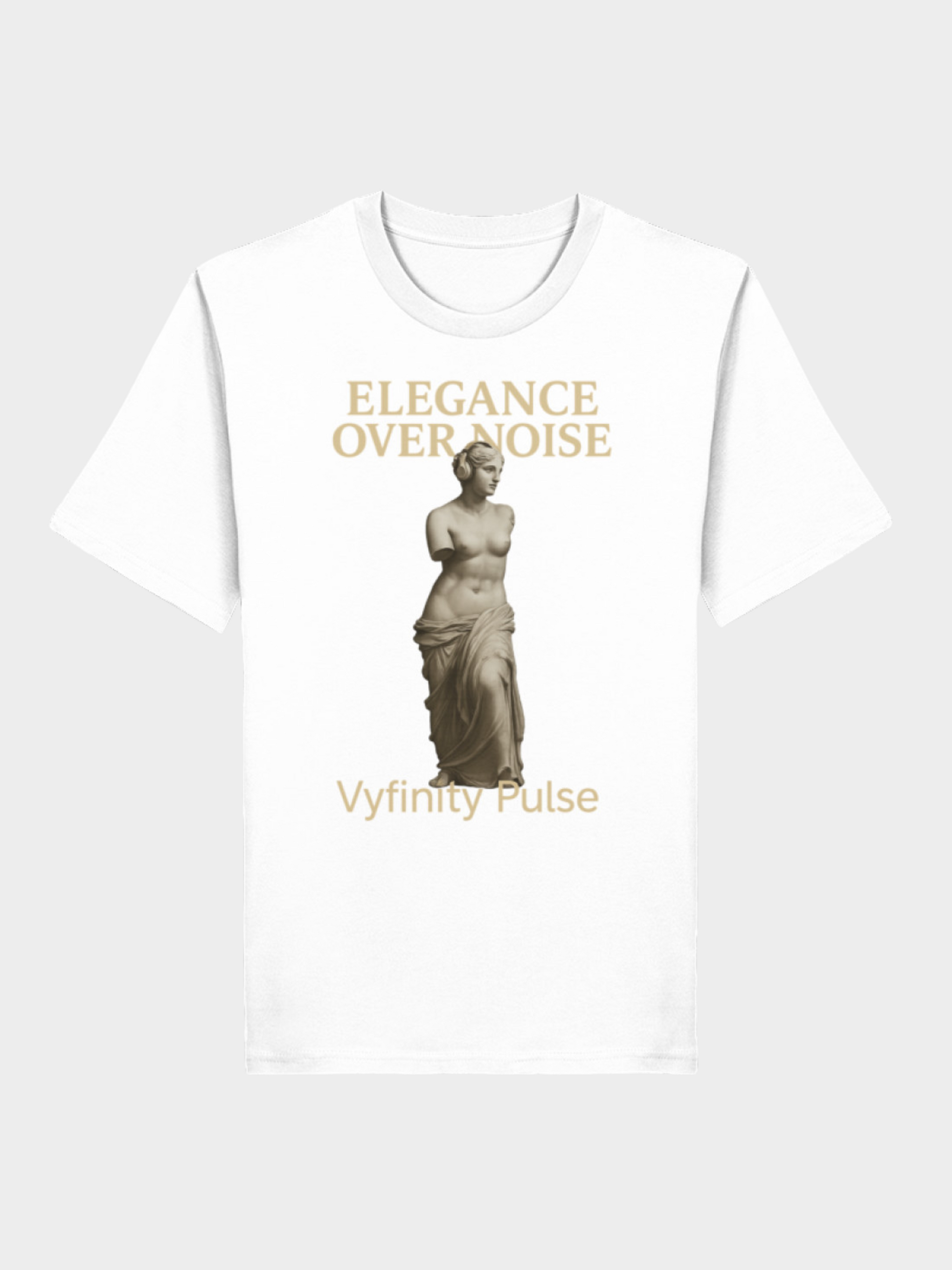 Vyfinity Pulse T-Shirt Elegance Over Noise in Weiß mit goldener Statue und Schriftzug