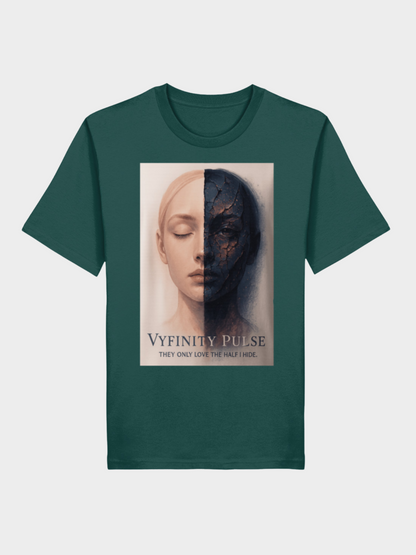 Vyfinity Pulse T-Shirt in Dunkelgrün, Frontansicht. Bedruckt mit dem kunstvollen „Half Face“-Motiv und dem Slogan: They only love the half I hide. Modernes Streetwear-Design mit tiefgründigem Kunststatement.
