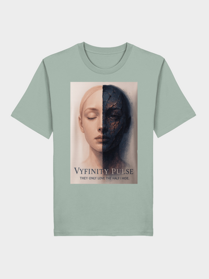 Vyfinity Pulse T-Shirt in sanftem Mintgrün, Frontansicht. Großflächiger Print mit einem halbierten Gesicht – linke Hälfte hell und makellos, rechte Hälfte dunkel, rissig und kontrastreich. Unter dem Motiv der Schriftzug „Vyfinity Pulse – They only love the half I hide“. Künstlerisches Streetwear-Design mit starkem Kontrastmotiv.
