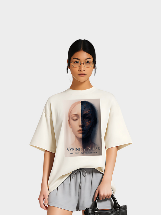 Oversized Creme T-Shirt Vyfinity Pulse mit künstlerischem Gesichtsmotiv Halb hell Halb dunkel