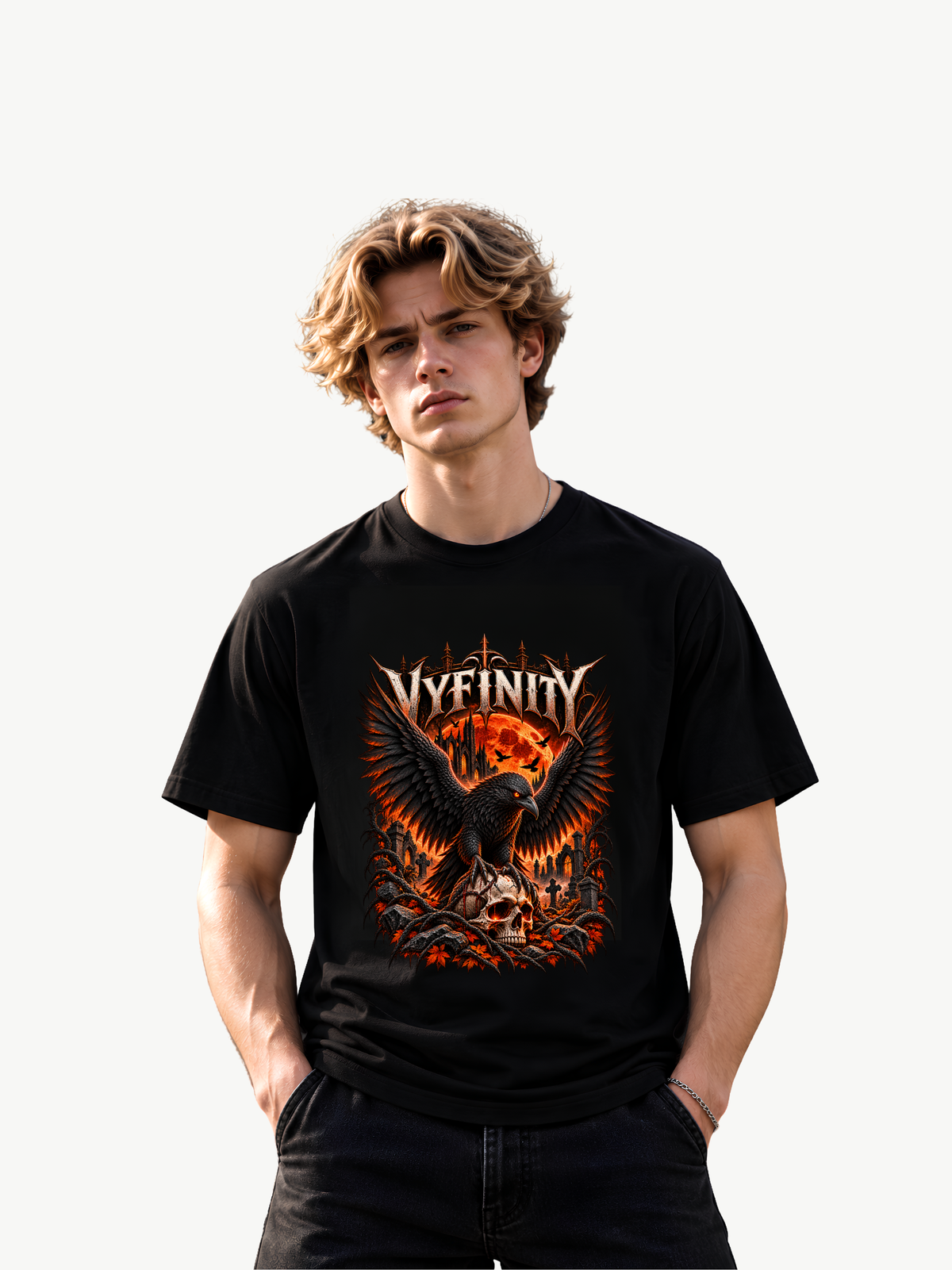 Schwarzes VYFINITY Halloween T-Shirt mit düsterem Raben, orangefarbenem Vollmond und Totenschädel, getragen von einem männlichen Model in Frontansicht.