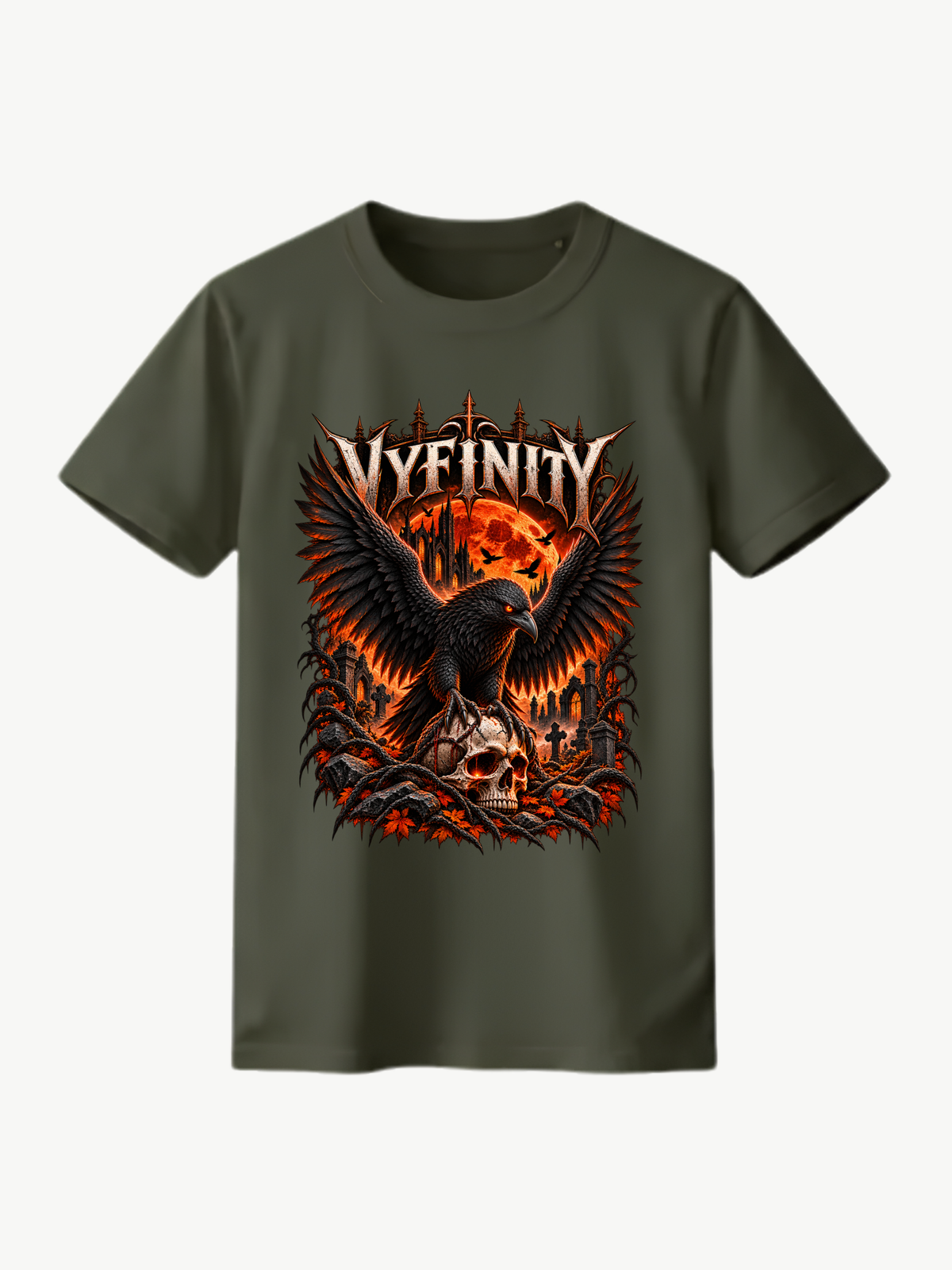 VYFINITY Raven Halloween T-Shirt in Khaki mit großem Frontprint aus schwarzem Raben, Totenschädel, orangefarbenem Vollmond und gotischen Elementen. Studio-Vorderansicht.