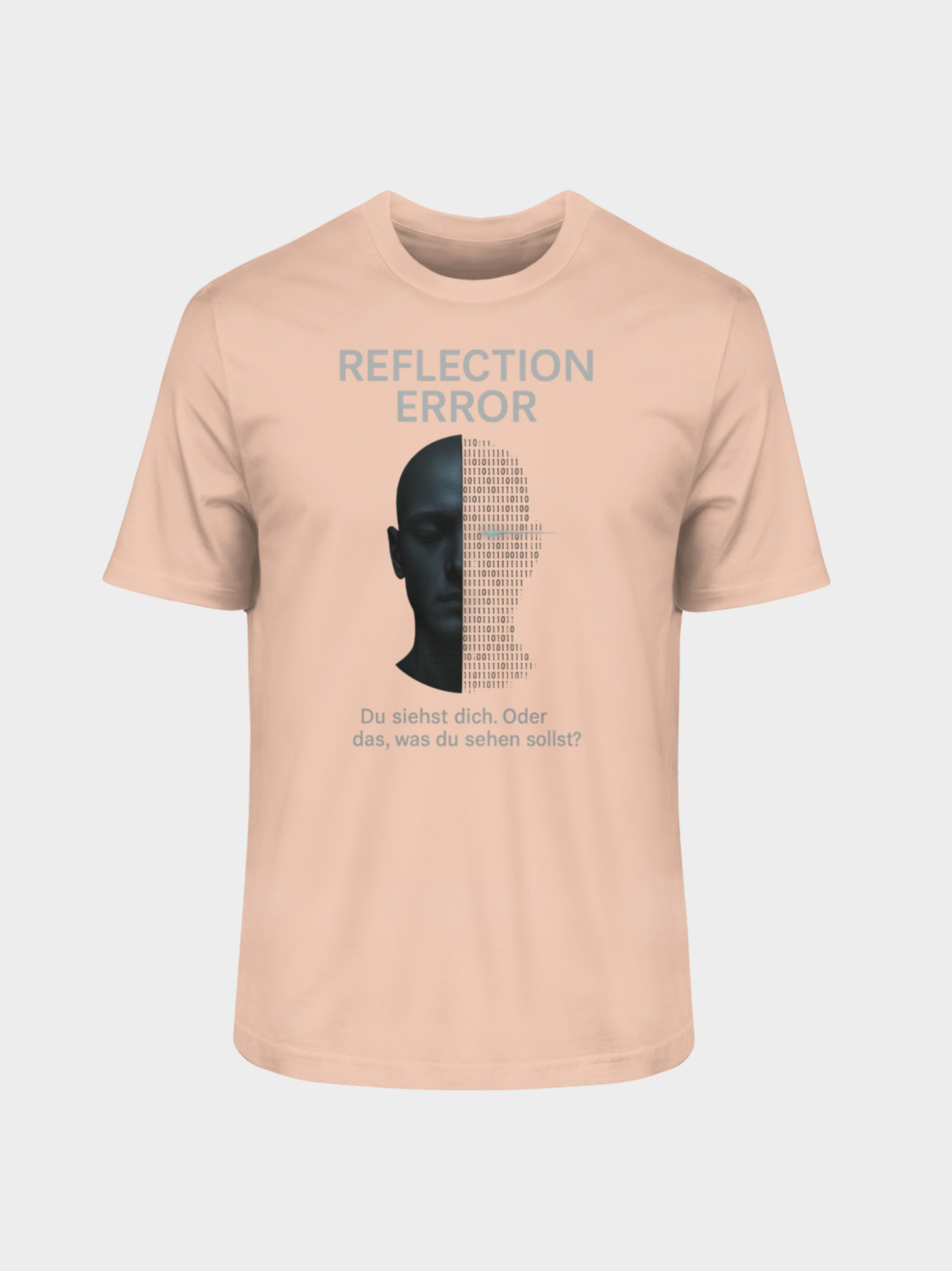 Vyfinity Reflection Error T-Shirt in Apricot, Frontansicht. Statement-Design mit schwarzem Gesicht, halb von Binärcode überlagert. Über dem Motiv der Schriftzug REFLECTION ERROR, darunter der Satz „Du siehst dich. Oder das, was du sehen sollst?“. Modernes Unisex-Shirt in frischer Pastellfarbe.