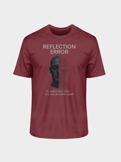 Vyfinity Reflection Error T-Shirt in Bordeaux-Rot, Frontansicht. Aufdruck mit futuristischem Gesicht in Schwarz, binären Zahlen und dem Schriftzug REFLECTION ERROR. Darunter der Text: „Du siehst dich. Oder das, was du sehen sollst?“ Modernes Statement-Shirt für Streetwear und Urban Style.