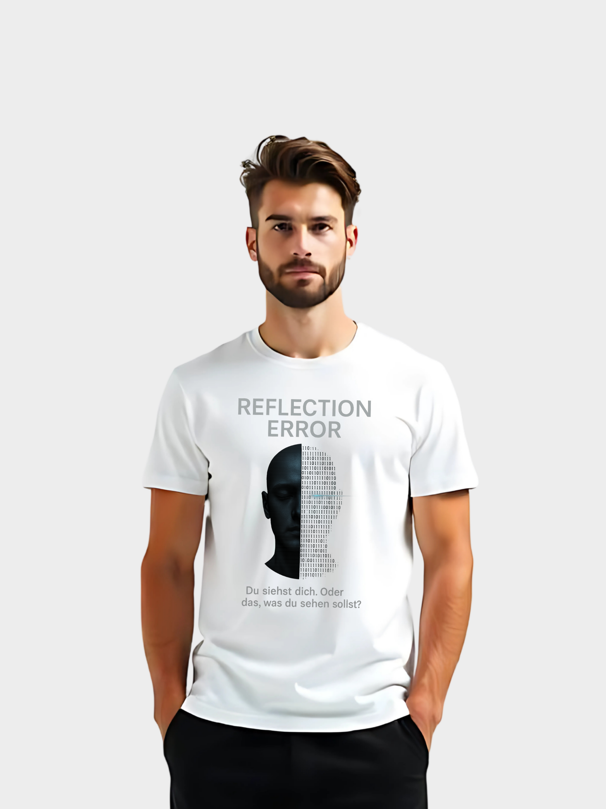 Vyfinity T-Shirt Reflection Error in Weiß mit futuristischem Gesicht- und Code-Design. Text: Reflection Error – Du siehst dich. Oder das, was du sehen sollst? Modernes Statement-Shirt mit provokativer Botschaft, perfekt für Streetwear und Urban Style.