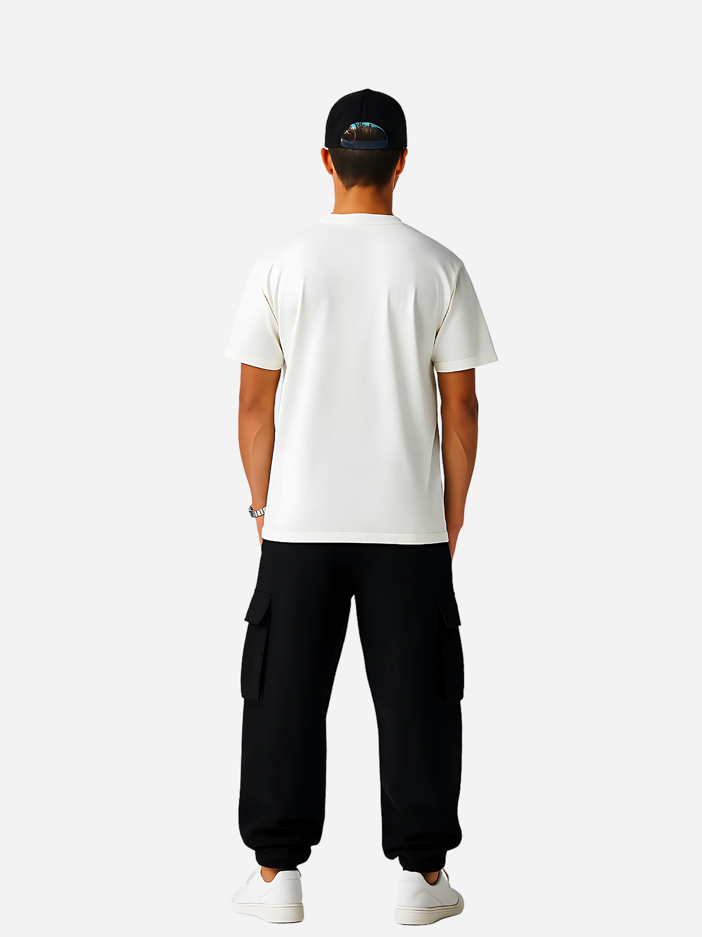 Rückansicht des Vyfinity Oversize T-Shirts in Weiß, getragen von einem Model mit schwarzer Cargo Pants, weißen Sneakern und Cap. Streetwear Full-Body Mockup mit schlichtem Rücken ohne Print.