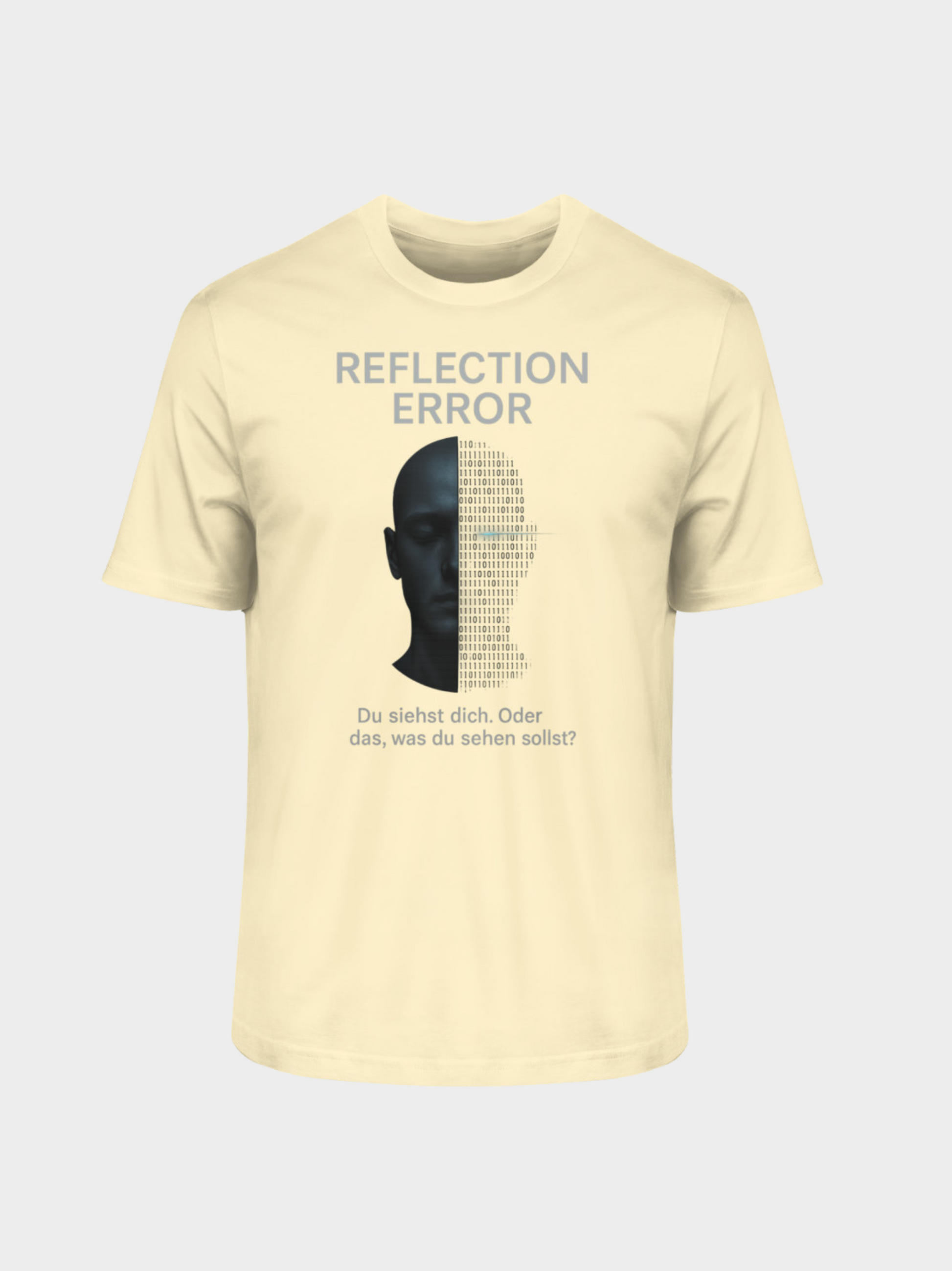 Vyfinity Reflection Error T-Shirt in Beige, Frontansicht. Auffälliges futuristisches Design mit schwarzem Gesicht, das halb von Binärcode überlagert wird. Darüber der Schriftzug REFLECTION ERROR, darunter der Satz „Du siehst dich. Oder das, was du sehen sollst?“. Modernes Statement-Shirt im Unisex-Stil.