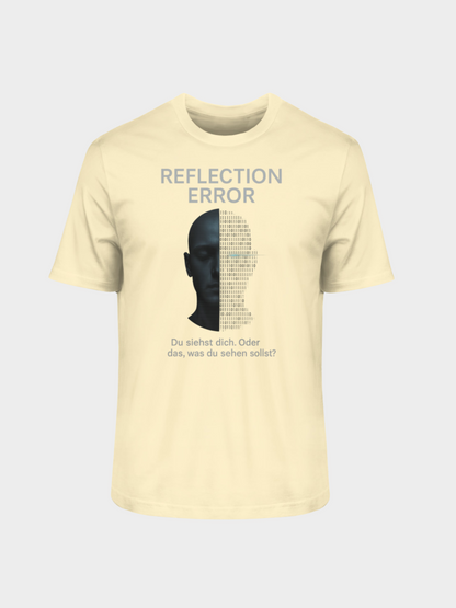 Vyfinity Reflection Error T-Shirt in Beige, Frontansicht. Auffälliges futuristisches Design mit schwarzem Gesicht, das halb von Binärcode überlagert wird. Darüber der Schriftzug REFLECTION ERROR, darunter der Satz „Du siehst dich. Oder das, was du sehen sollst?“. Modernes Statement-Shirt im Unisex-Stil.