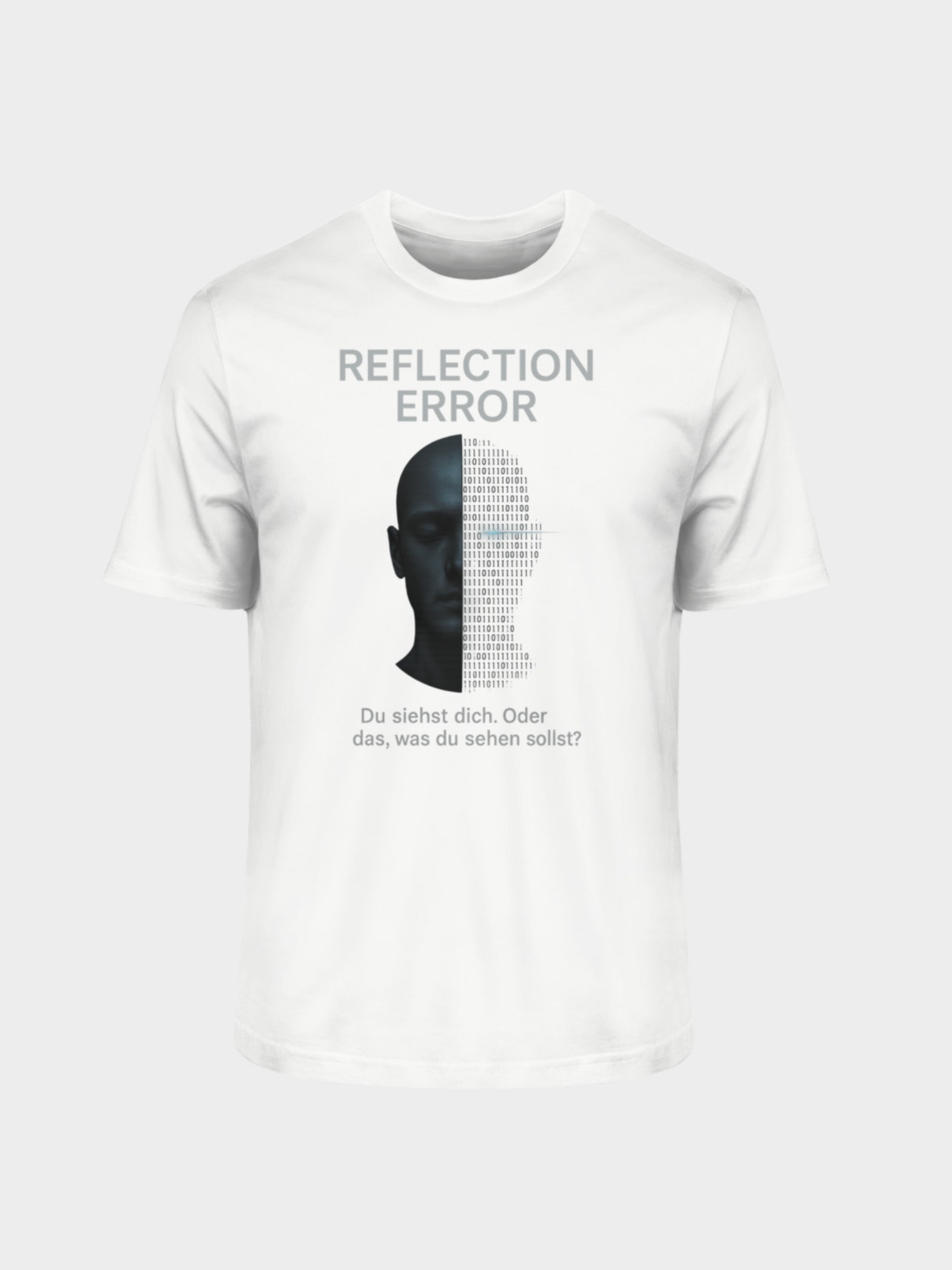 Vyfinity Reflection Error T-Shirt in Weiß, Frontansicht. Streetwear-Shirt mit modernem Design: schwarzer Kopf halb von binären Zahlen überlagert, Schriftzug REFLECTION ERROR und Text „Du siehst dich. Oder das, was du sehen sollst?“. Futuristisches Statement-Shirt für Trendsetter.