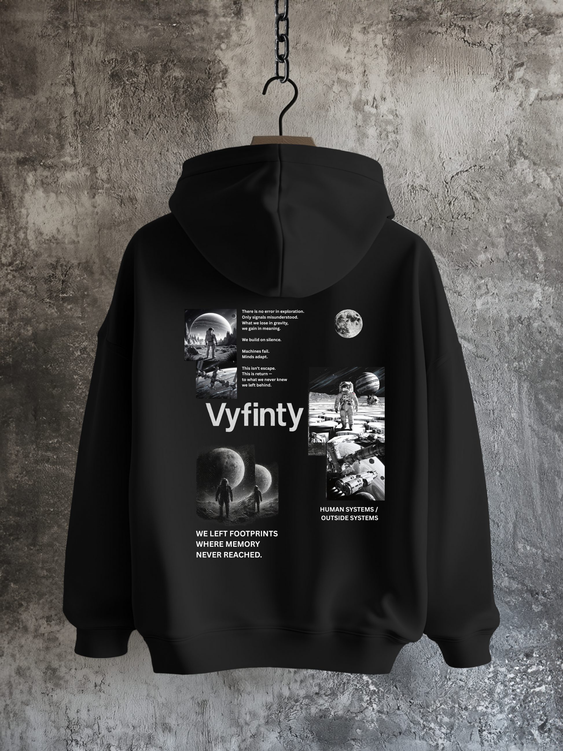 Schwarzer Vyfinity Hoodie mit Weltraum- und Astronautenmotiv, modernem Backprint und futuristischem Design – Unisex Streetwear im Oversized-Look für Mode- und Space-Fans