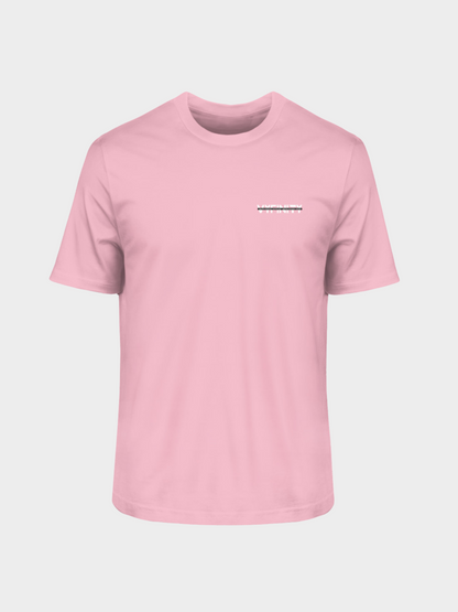 Vyfinity Oversize T-Shirt in Rosa, Vorderseite mit kleinem schwarzen VYFINITY Schriftzug links auf der Brust. Minimalistisches Streetwear Design.