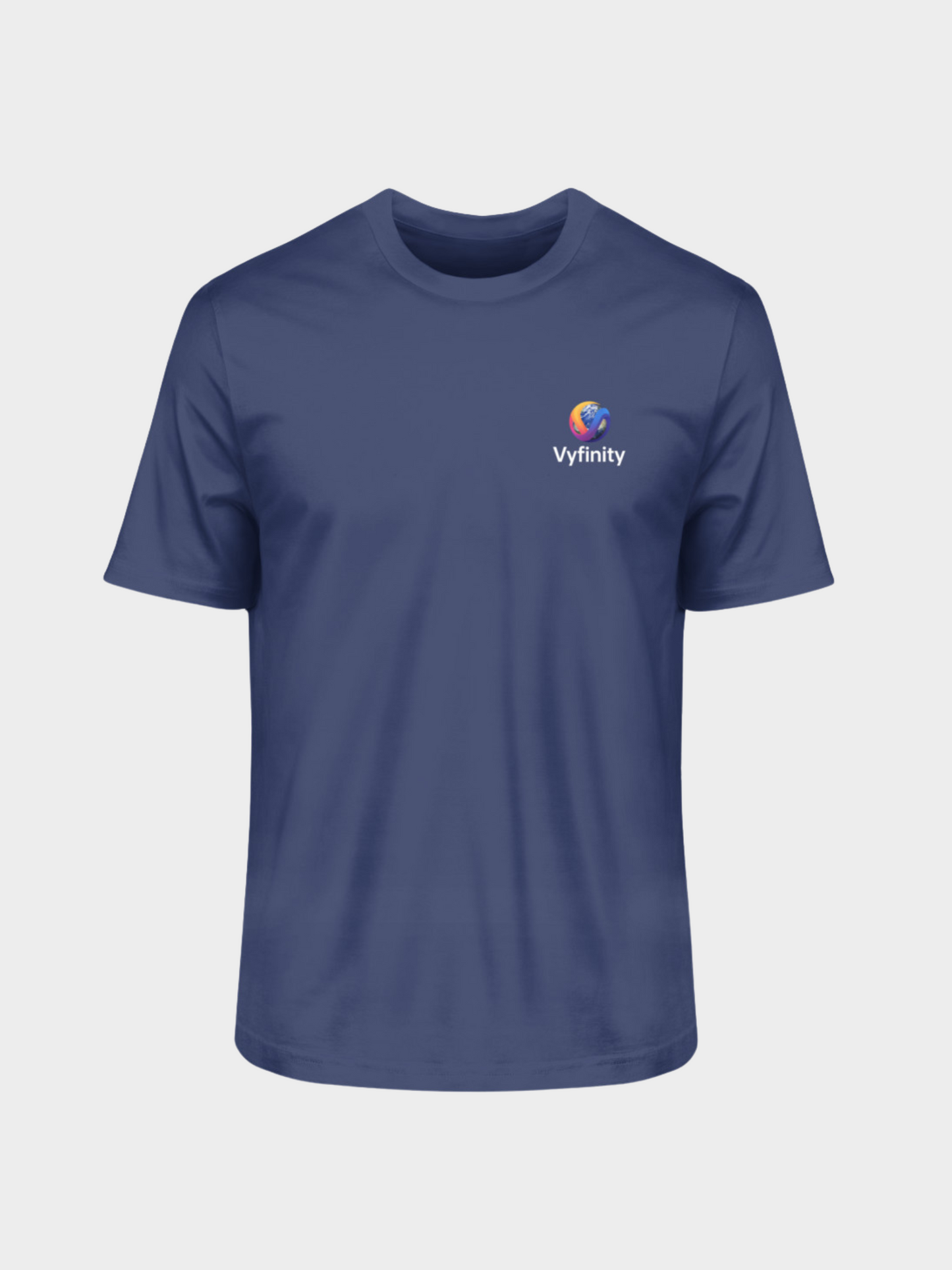 Vyfinity T-Shirt in Navy-Blau mit farbigem Logo auf der linken Brust. Klassisches Design mit modernem Branding, ideal für Freizeit und Streetwear.