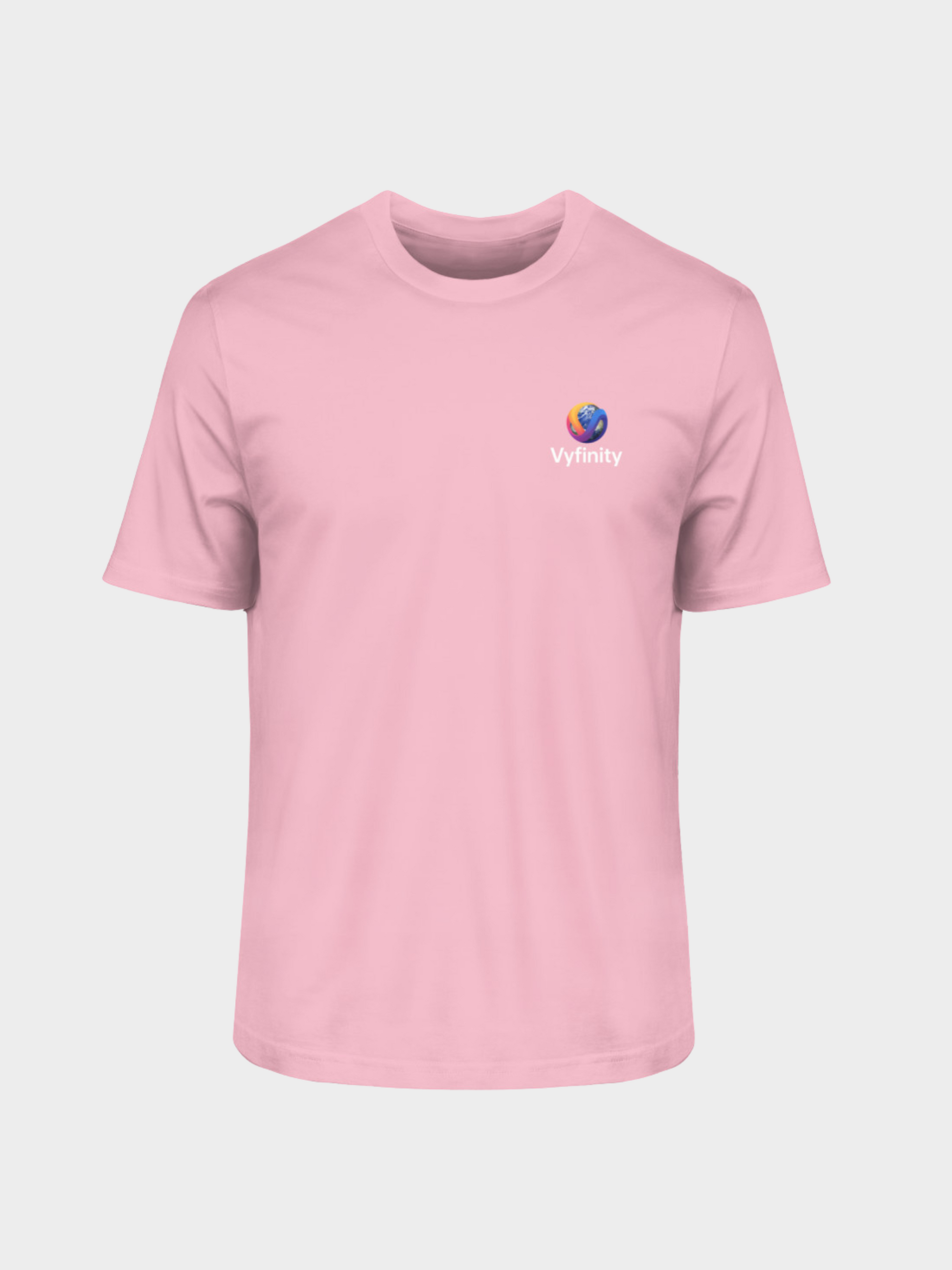 Vyfinity T-Shirt in Rosa mit farbigem Logo auf der linken Brust. Modernes Streetwear Shirt für Damen und Herren, stylisch, hochwertig und ideal für Freizeit und Alltag.