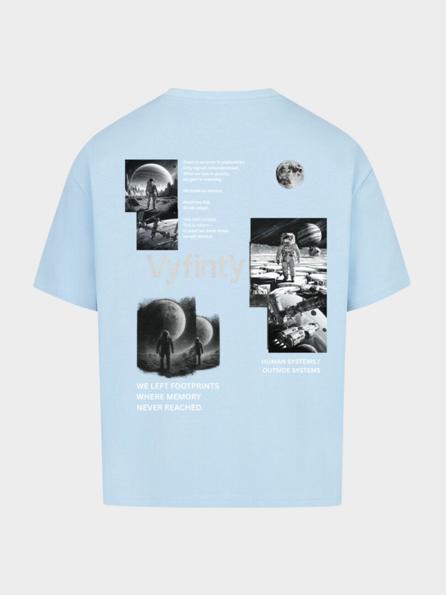 Hellblaues Oversize T-Shirt mit großem Backprint im Space Exploration Design. Schwarze und weiße Motive von Astronauten, Planeten und Monden mit Vyfinity Logo. Streetwear Shirt mit futuristischem Space Look und hochwertiger Baumwolle.