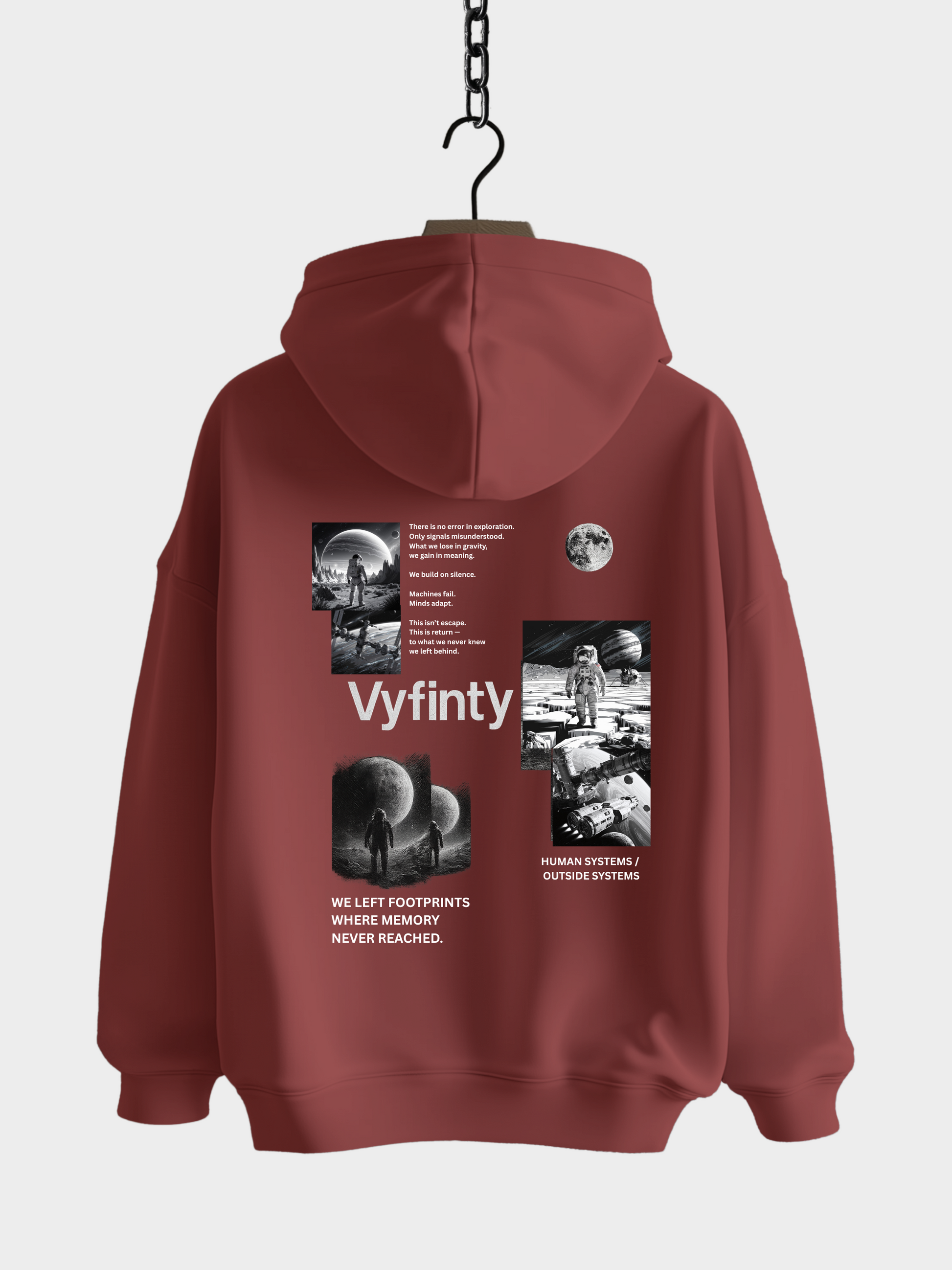 Vyfinity Space Hoodie in Farbe Red Earth mit großem Weltraum- und Astronautenmotiv auf dem Rücken, modernem Backprint und futuristischem Design – Unisex Streetwear im Oversized-Look
