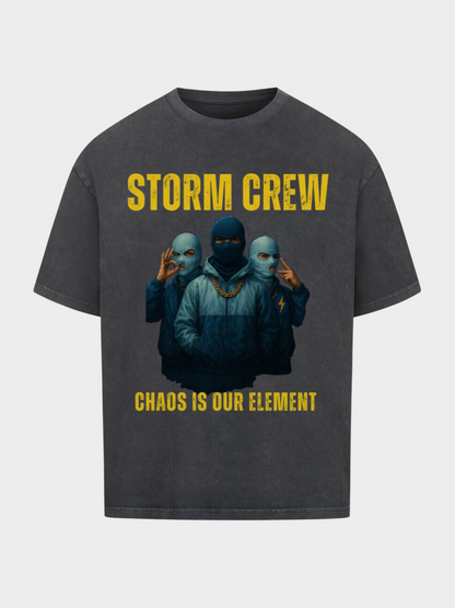 Vyfinity Storm Crew T-Shirt Grau Vintage – Unisex Shirt mit Front Print Storm Crew Chaos is our Element