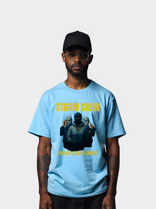 Vyfinity Storm Crew T-Shirt Hellblau – Unisex Shirt mit gelbem Frontprint Chaos is our Element