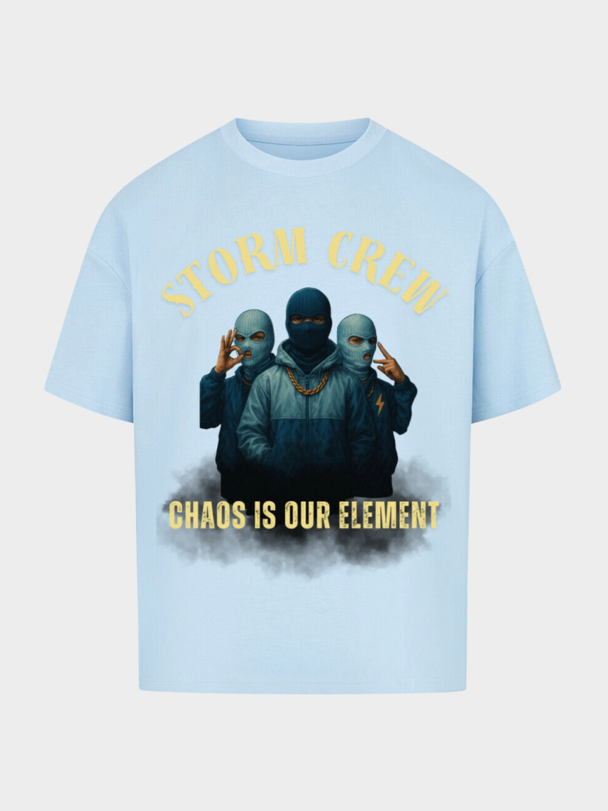 Vyfinity Storm Crew T-Shirt in Hellblau, Frontansicht. Design mit drei maskierten Figuren, goldener Schrift „STORM CREW“ oben und „CHAOS IS OUR ELEMENT“ unten, urbaner Streetwear-Style.