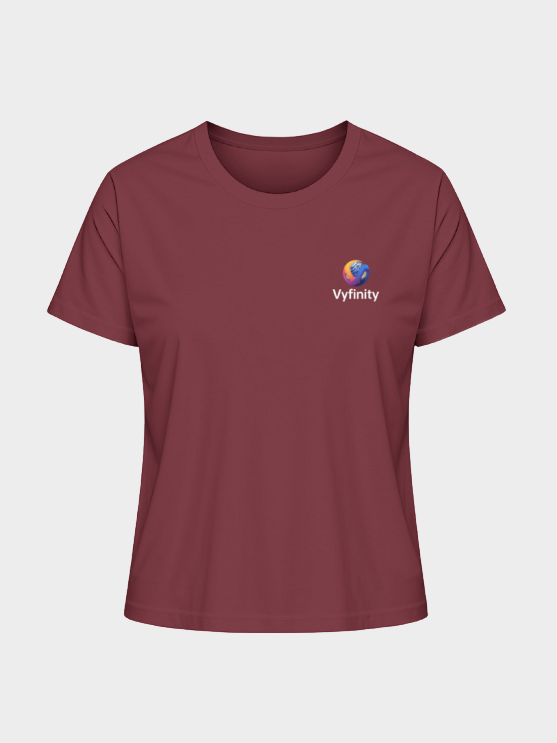 Elegantes Damen-T-Shirt in edlem Burgundy mit dezentem Vyfinity-Logo auf der Brust – stilvolle Streetwear für Freizeit, Büro und trendige Alltagslooks.