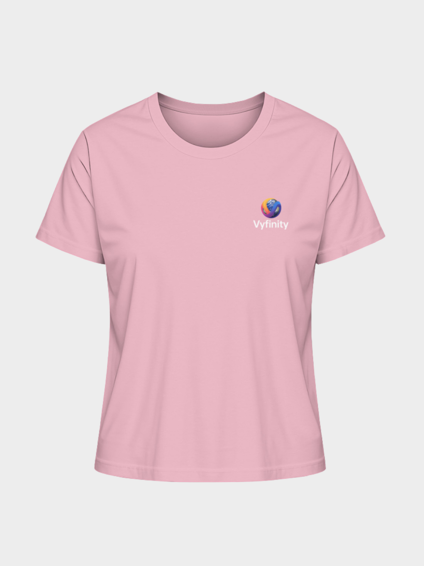 Damen-T-Shirt in zartem Cotton Pink mit elegantem Vyfinity-Logo auf der Brust – femininer Look, perfekt für Freizeit, Streetwear und trendbewusste Outfits.