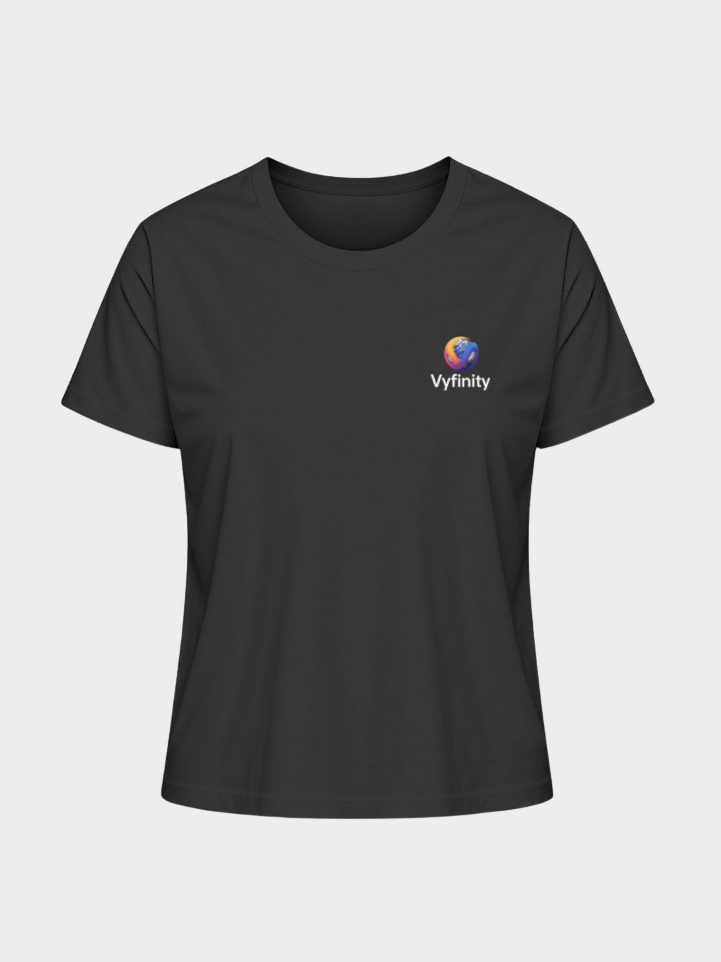 Klassisches Damen-T-Shirt in Schwarz mit stilvollem Vyfinity-Logo – zeitloses Basic für Streetwear, Freizeit und lässige Alltagslooks.