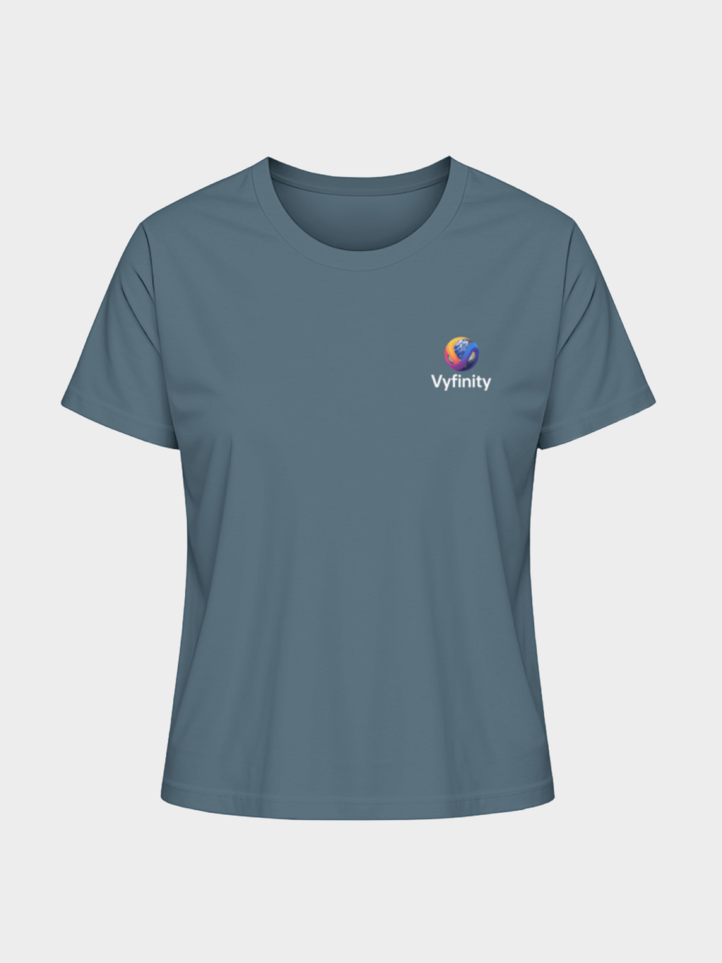 Damen-T-Shirt in trendiger Stargazer Blau-Nuance mit hochwertigem Vyfinity-Logo auf der Brust – moderner Look, ideal für Freizeit, Streetwear und lässige Outfits.