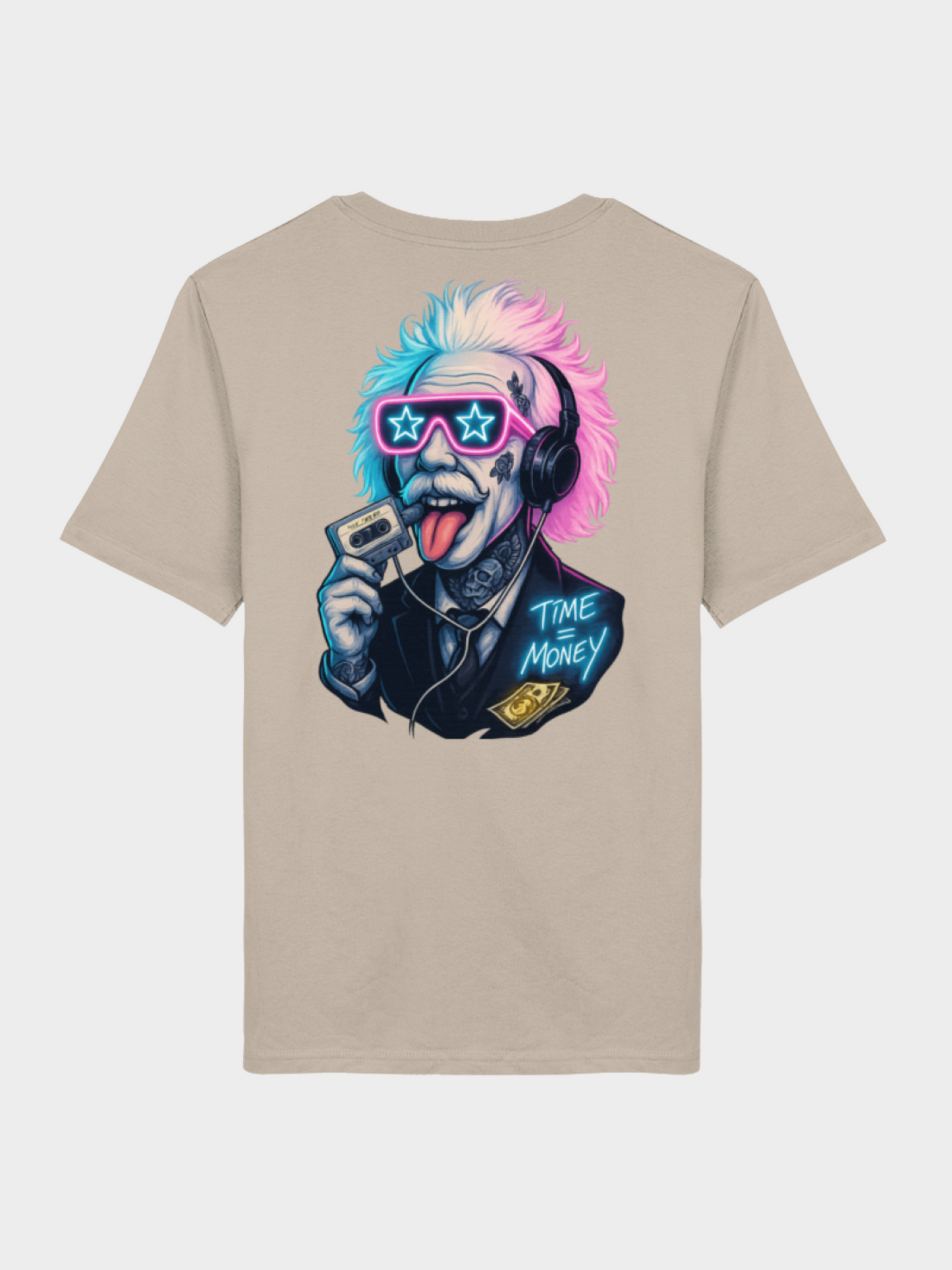 Vyfinity T-Shirt beige mit großem Einstein Neon Print – Time is Money Streetwear Look Unisex