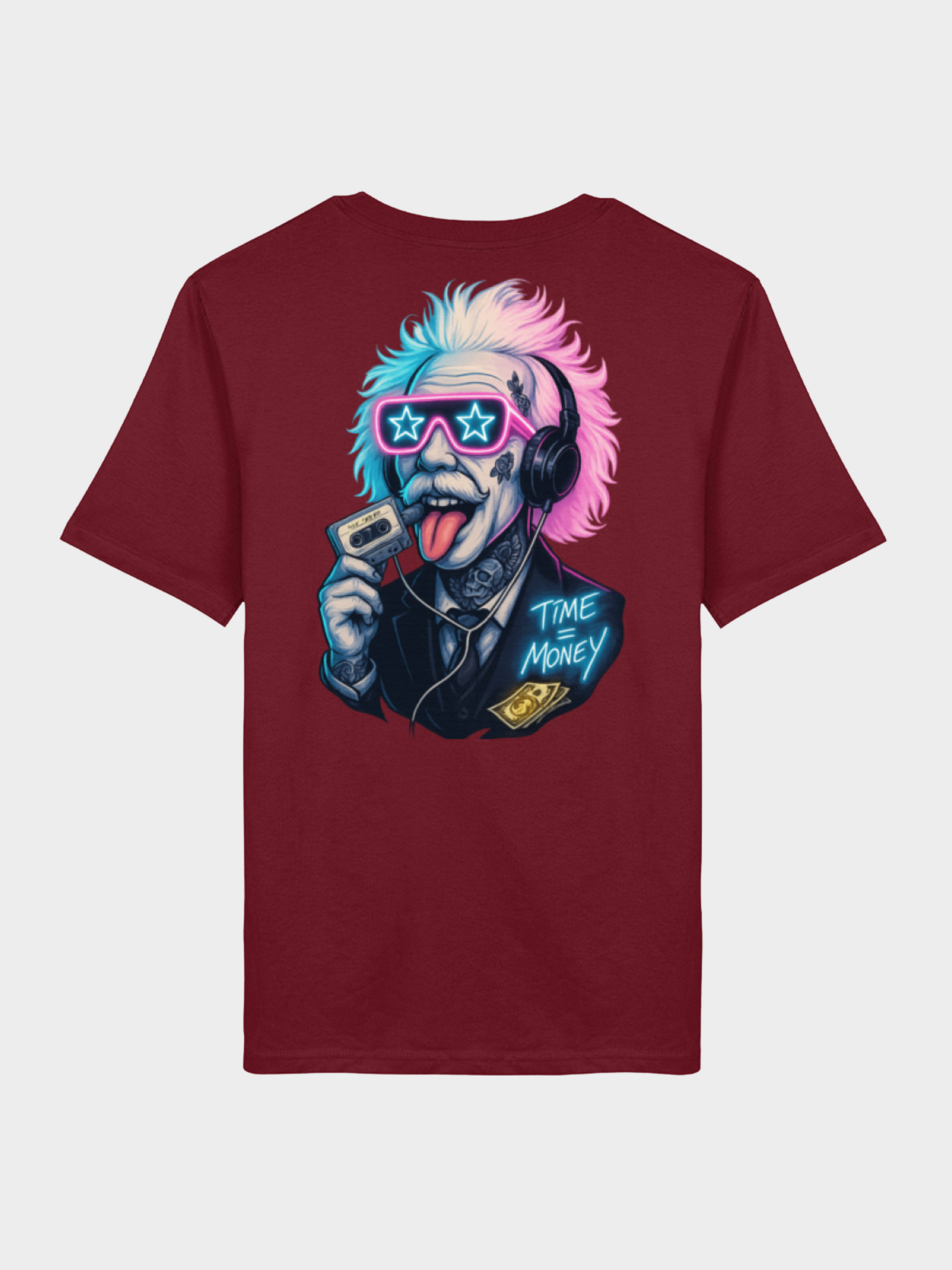 Vyfinity Time is Money T-Shirt in Burgunderrot mit großem Einstein Neon Print auf dem Rücken
