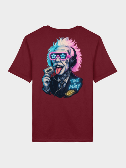 Vyfinity Time is Money T-Shirt in Burgunderrot mit großem Einstein Neon Print auf dem Rücken