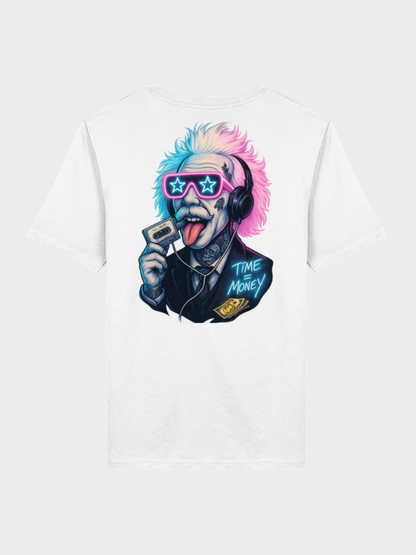 Vyfinity T-Shirt weiß mit großem Einstein Neon Motiv – Time is Money Retro Streetwear Unisex