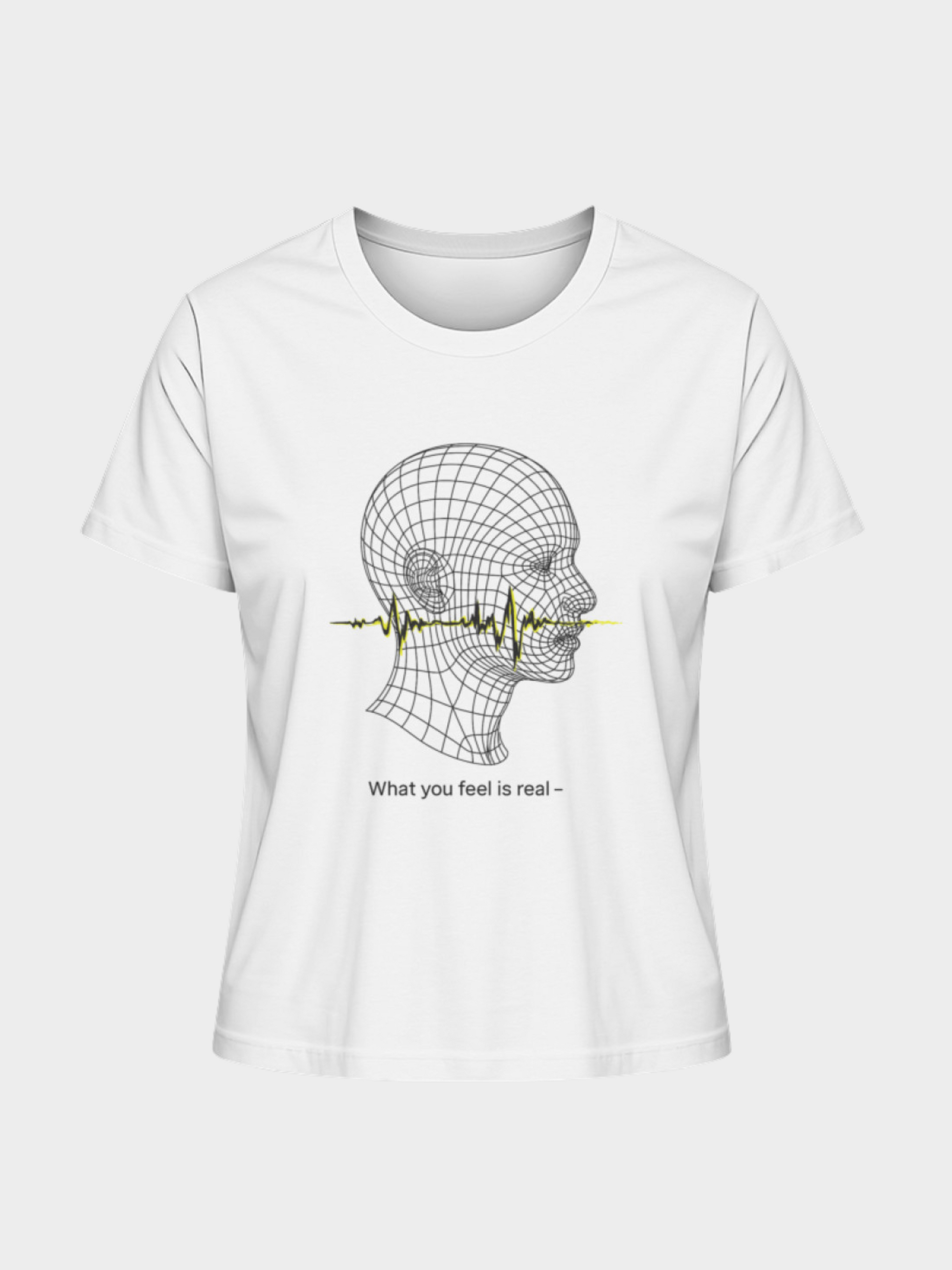 Weißes Vyfinity T-Shirt mit futuristischem Linienkopf-Design und gelbem Soundwave-Detail. Darunter der Schriftzug „What you feel is real –“. Moderner Streetwear-Style, minimalistisch und kunstvoll.
