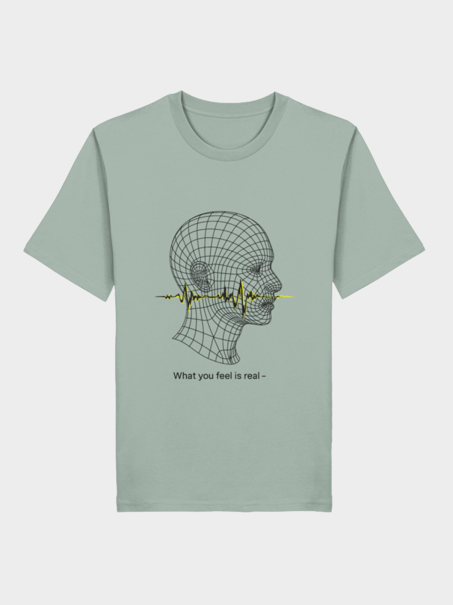 Mintgrünes Vyfinity Unisex T-Shirt mit modernem Linienkopf-Motiv. Eine gelbe Soundwave verläuft durch den Kopf, darunter der Satz „What you feel is real –“. Trendiges Statement-Shirt mit futuristischem Design.