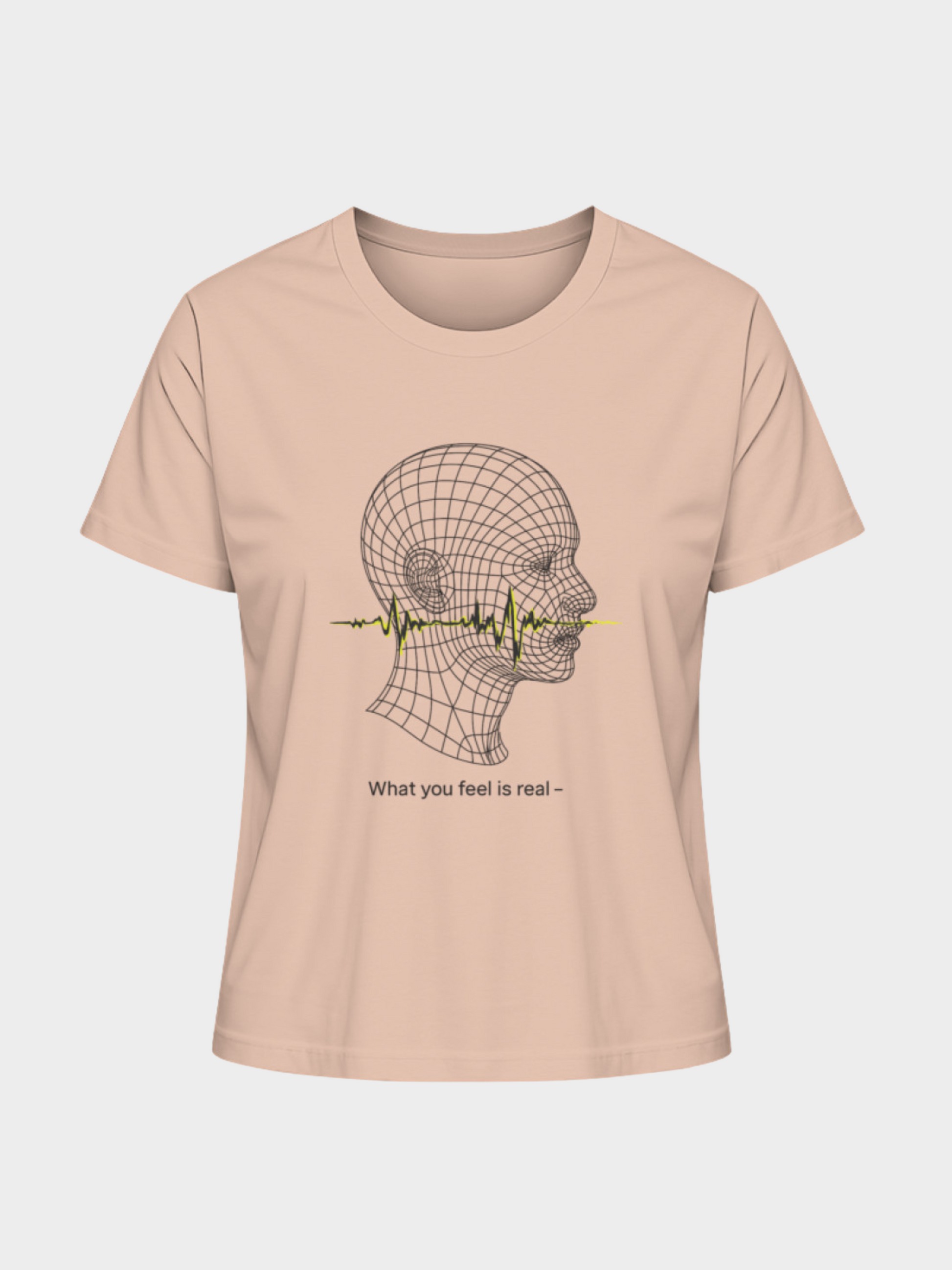 Rosa Vyfinity T-Shirt mit futuristischem Linienkopf und gelbem Soundwave-Design. Darunter der Text „What you feel is real –“. Modernes Graphic-Tee im minimalistischen Streetwear-Look.