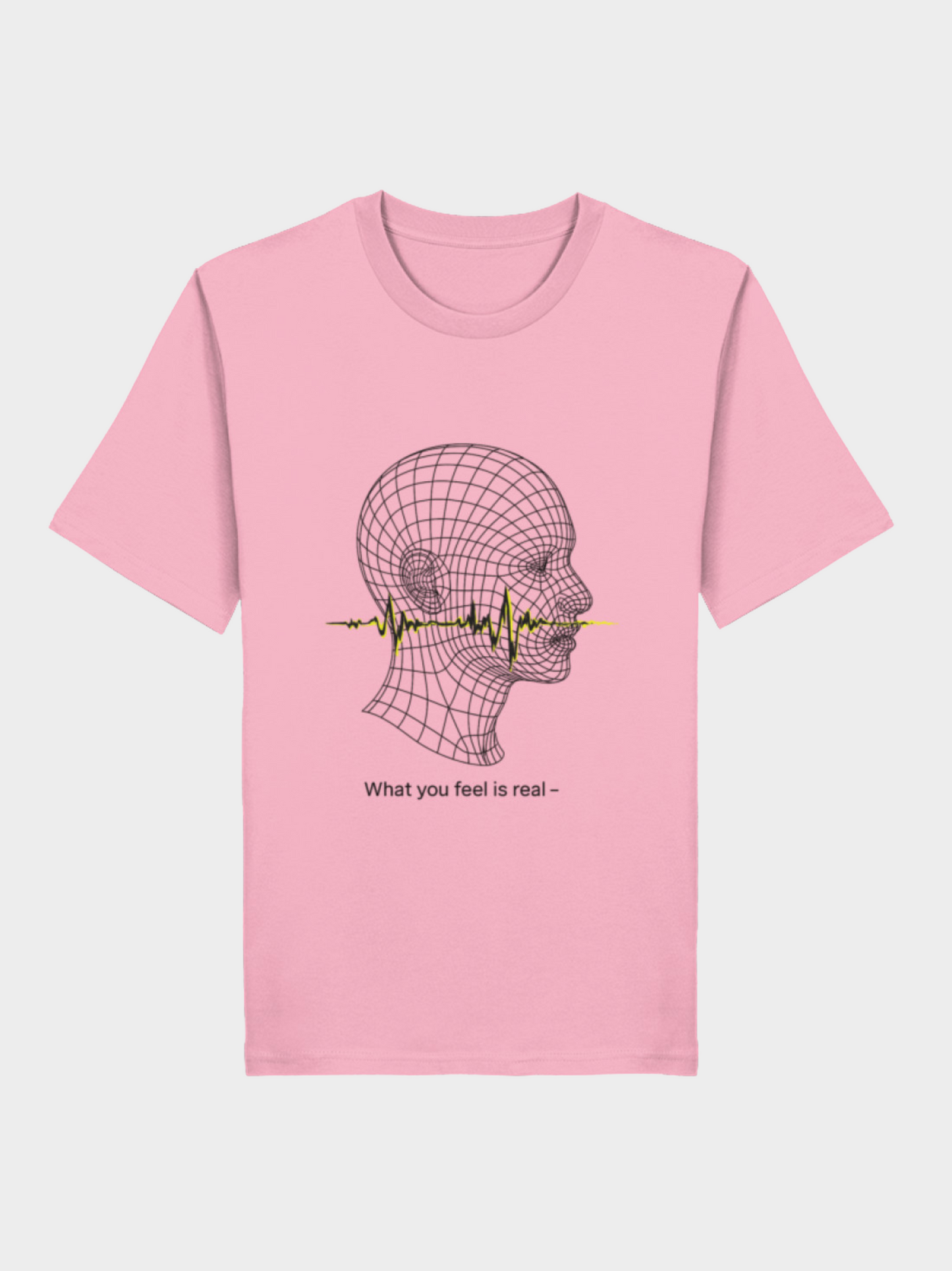 Rosa Vyfinity Unisex T-Shirt mit modernem Linienkopf-Design. Eine gelbe Soundwave verläuft durch den Kopf, darunter der inspirierende Spruch „What you feel is real –“. Auffälliges Statement-Shirt für Streetwear und Casual Looks.