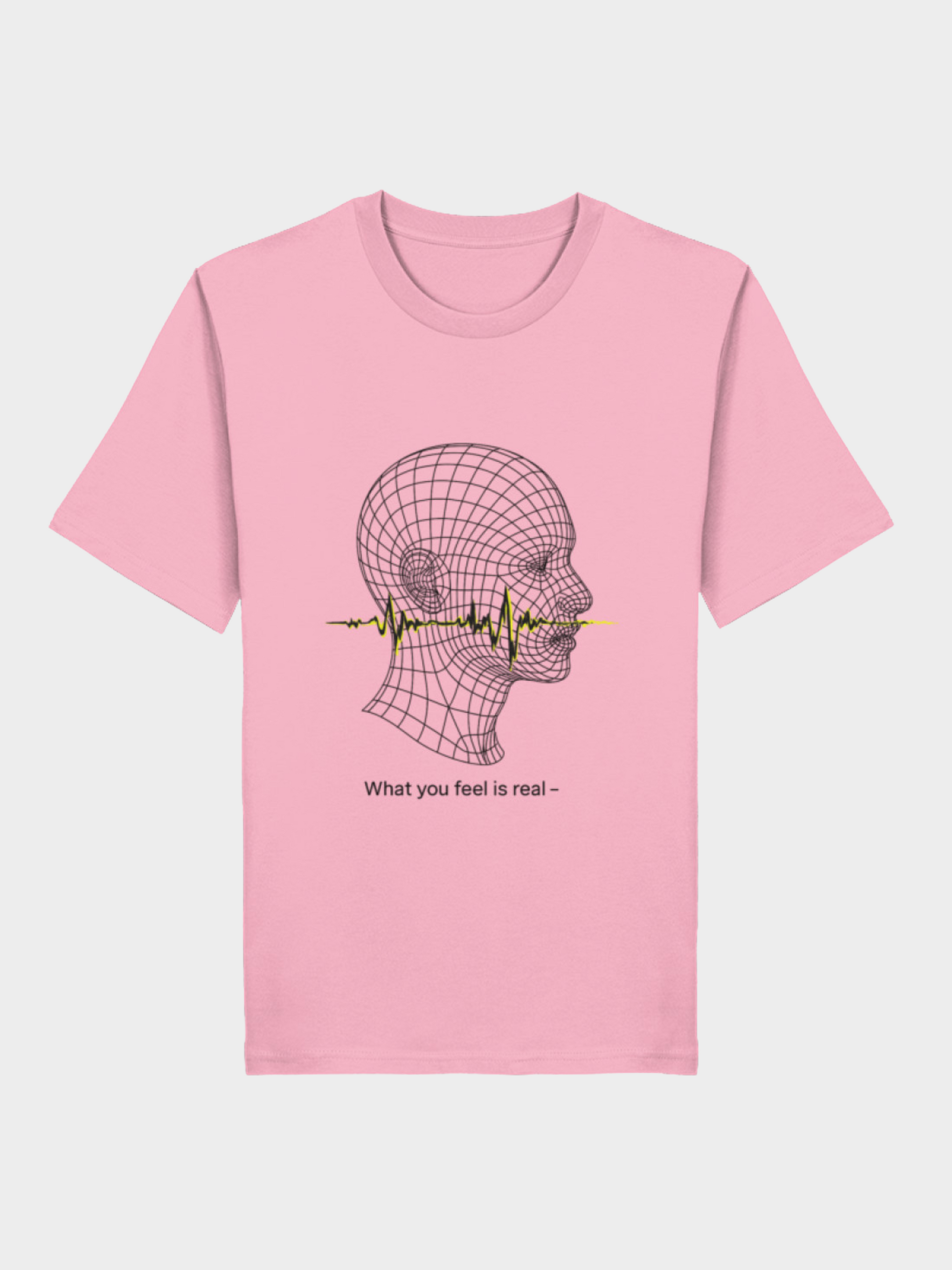 Rosa Vyfinity Unisex T-Shirt mit modernem Linienkopf-Design. Eine gelbe Soundwave verläuft durch den Kopf, darunter der inspirierende Spruch „What you feel is real –“. Auffälliges Statement-Shirt für Streetwear und Casual Looks.